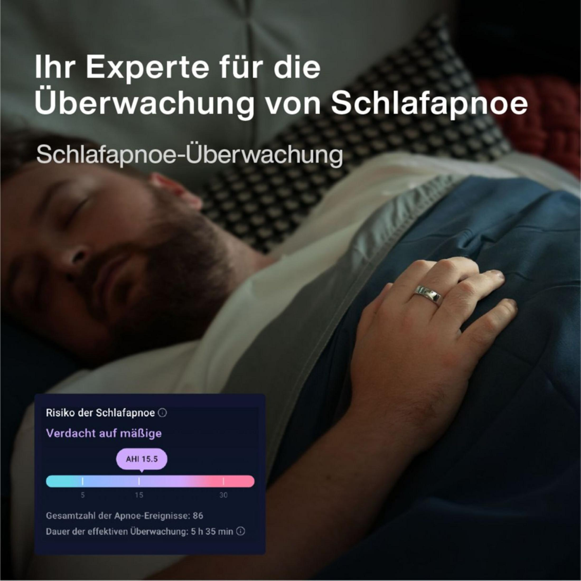 Mann schläft; Display zeigt Schlafapnoe-Risiko: mäßig, AHI 15.5, 86 Ereignisse.