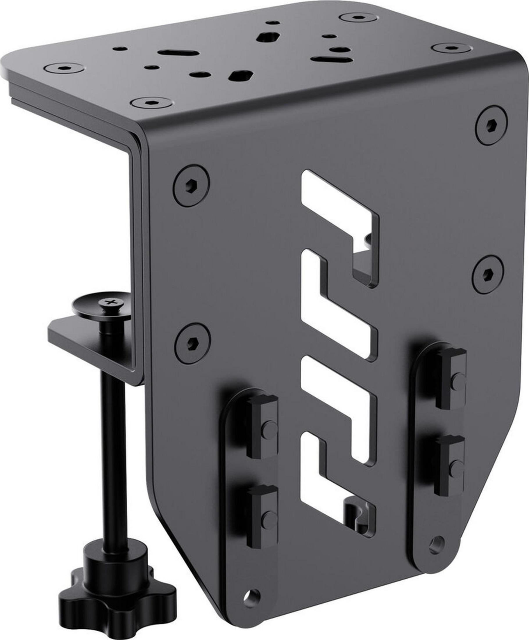 A black metal bracket with a screw clamp and cutouts.