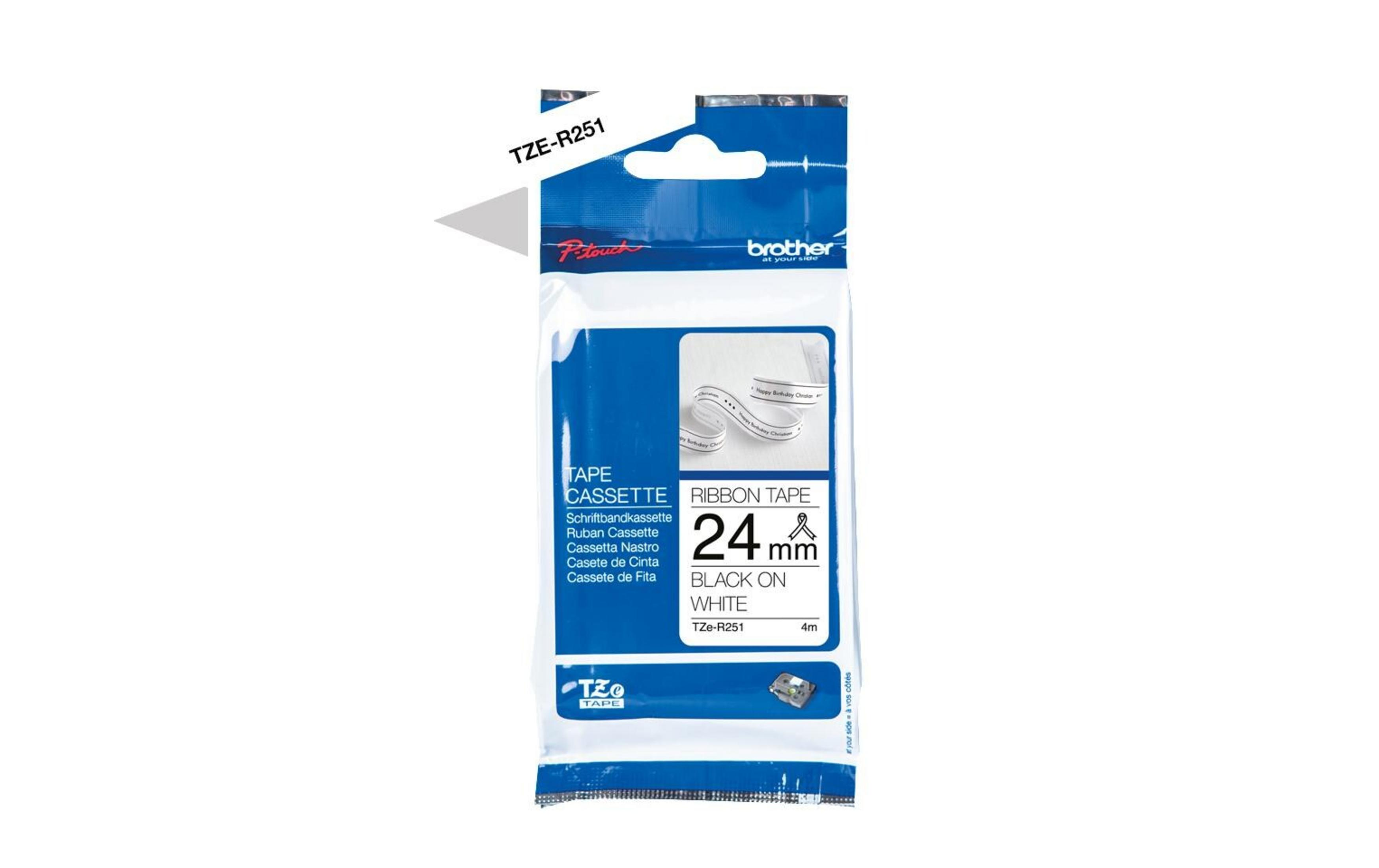 Verpackung für ein 24mm schwarzes Band auf weißem Brother TZe-R251 Etikettenband.