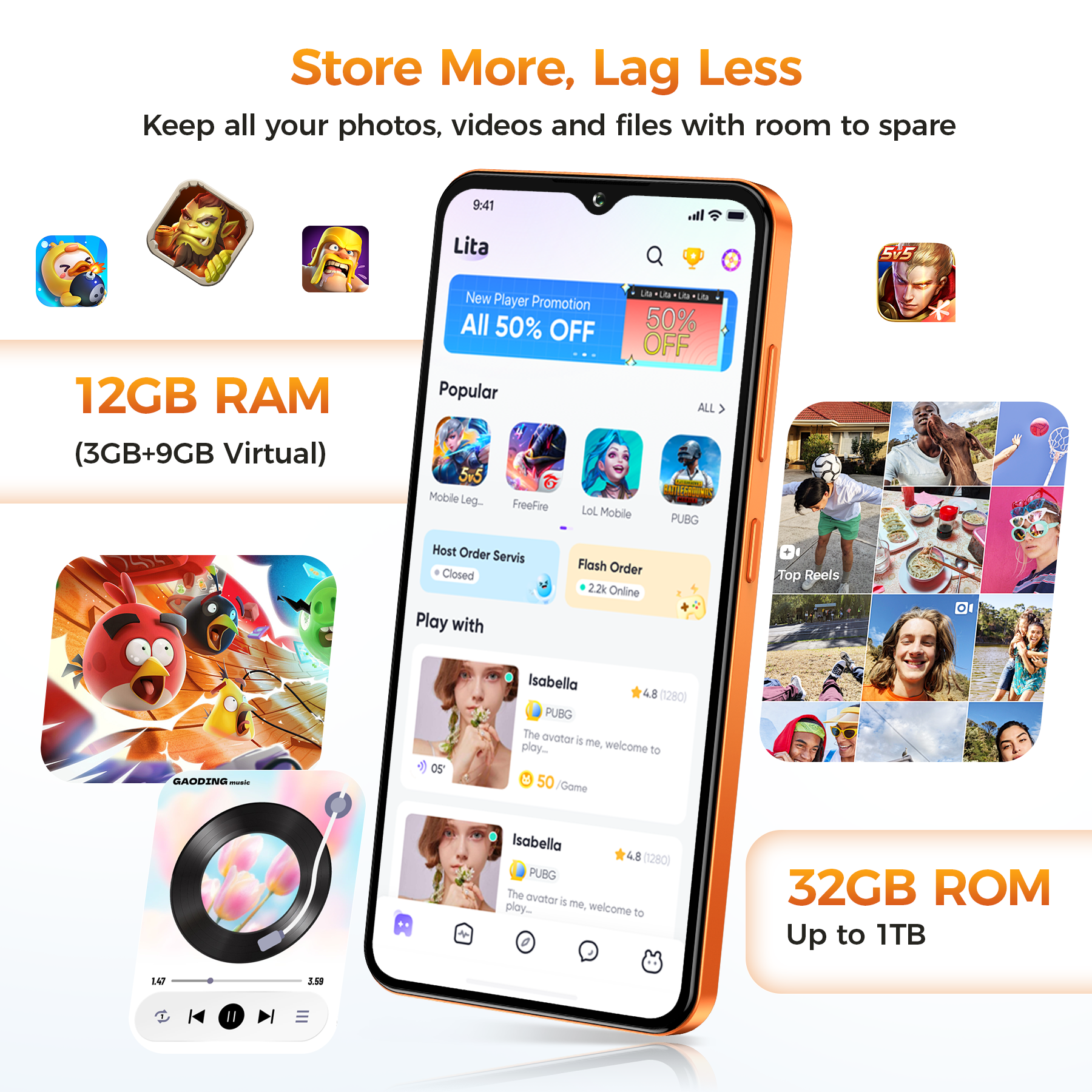 Teléfono naranja muestra juegos, especificaciones RAM/ROM y vistas previas de apps.