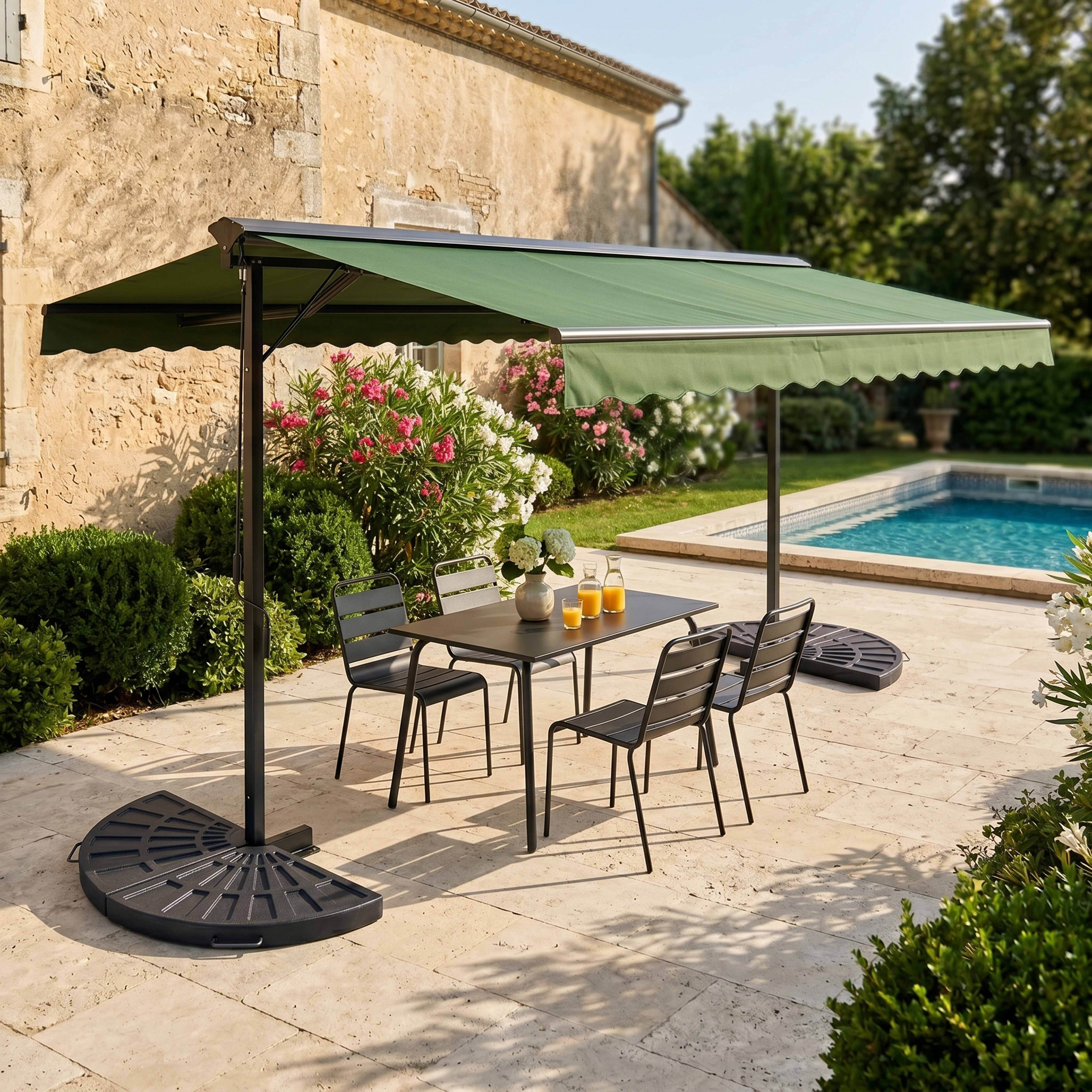 Gartenmöbel mit Sonnenschirm, Tisch, Stühlen und Pool.