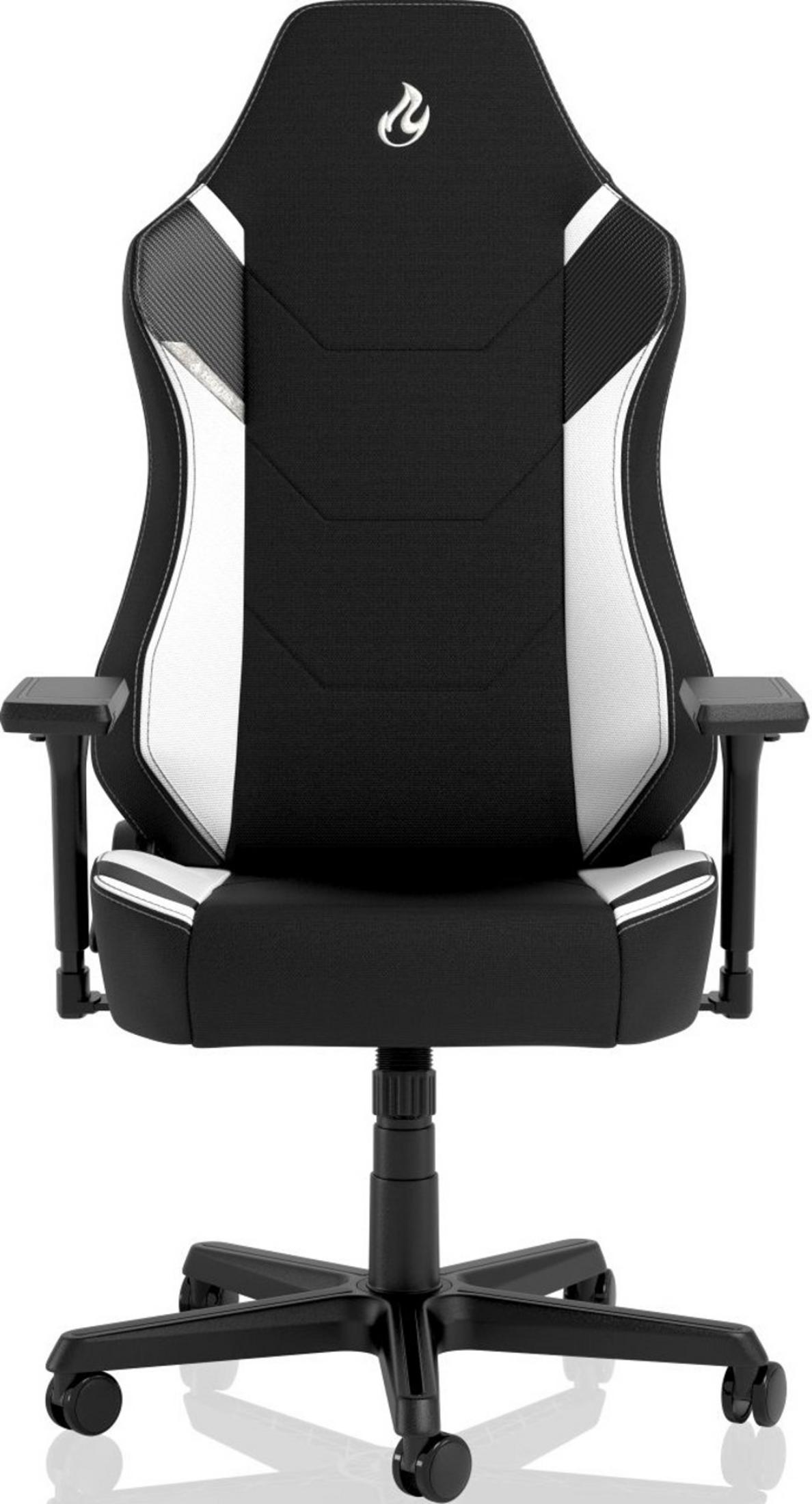 Schwarzer Gaming-Stuhl mit weißen Akzenten und einem Flammenlogo oben.