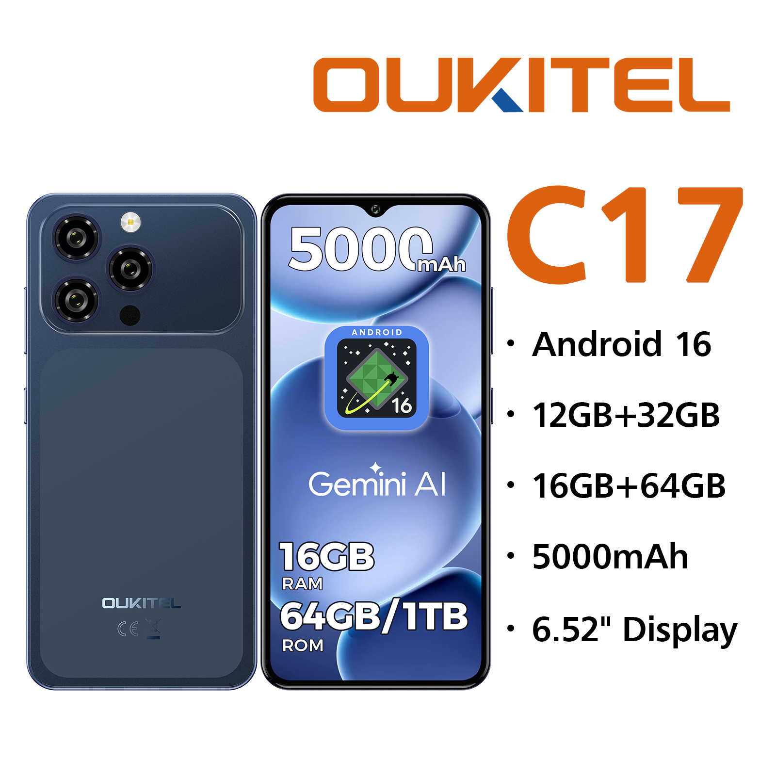 Smartphone azul Oukitel C17 con 3 cámaras, batería de 5000mAh y Android 16.
