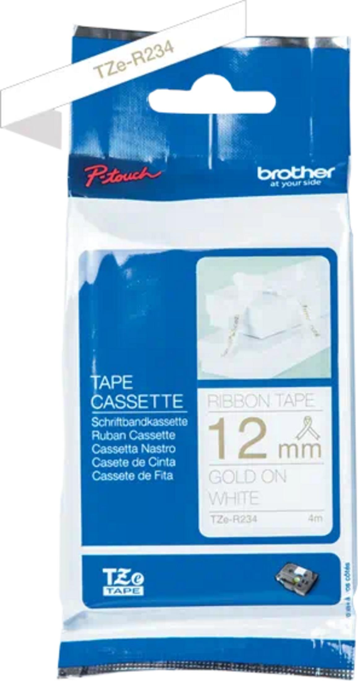 Verpackung für Brother P-Touch TZe-R234 gold auf weißes Band, 12mm breit.