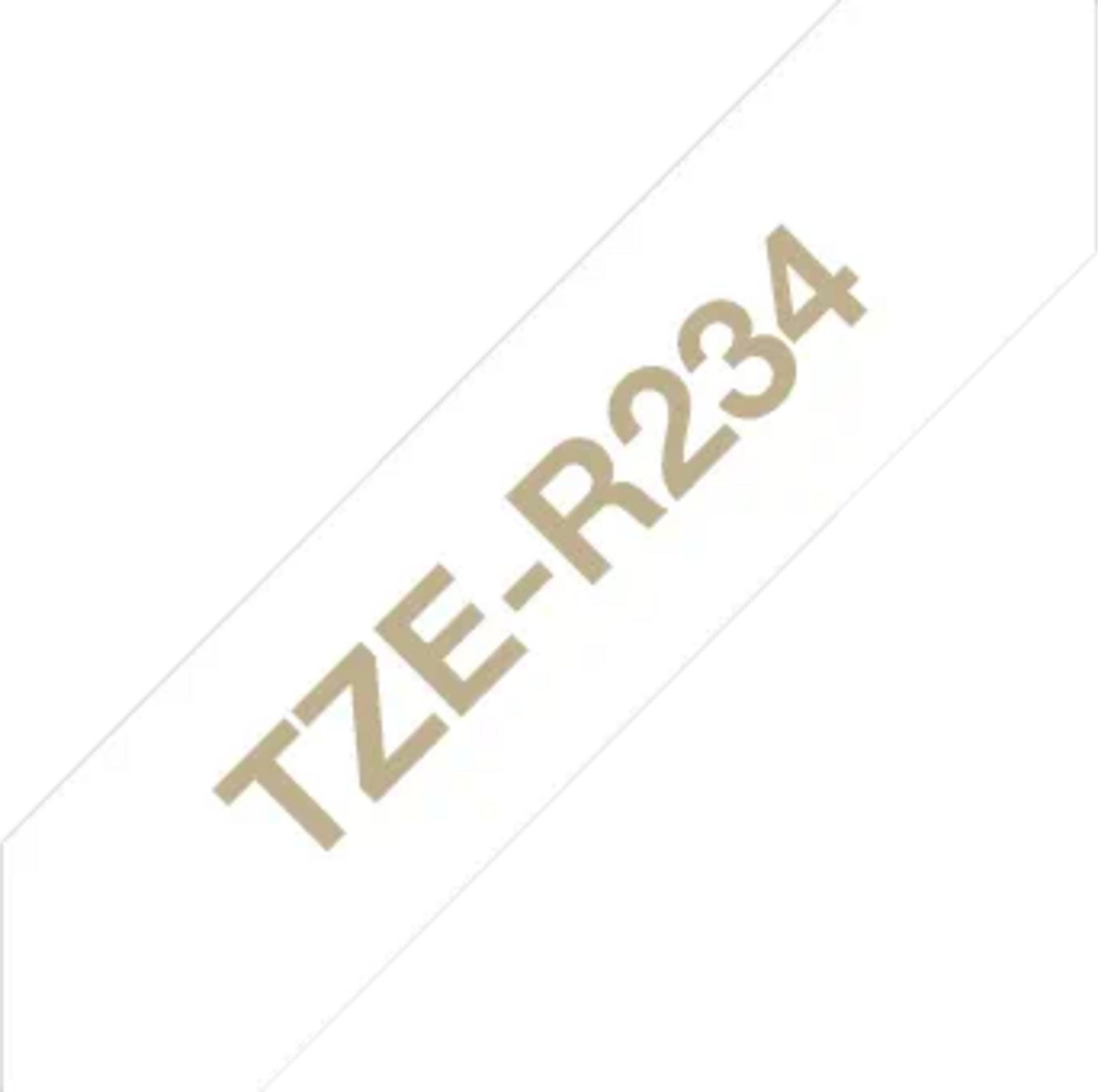 Ein Band mit der Aufschrift TZE-R234 in Gold auf weißem Hintergrund.