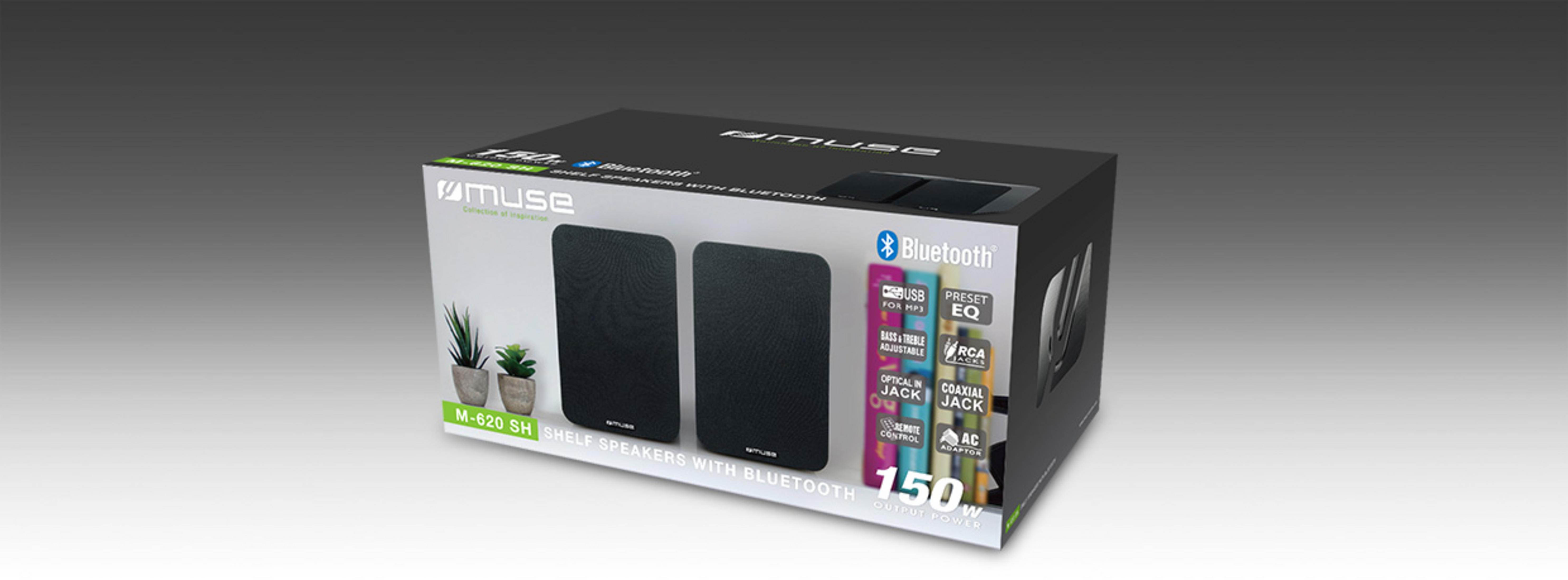 Verpackung für Muse M-620 SH Regal-Lautsprecher mit Bluetooth, zwei schwarze Lautsprecher.