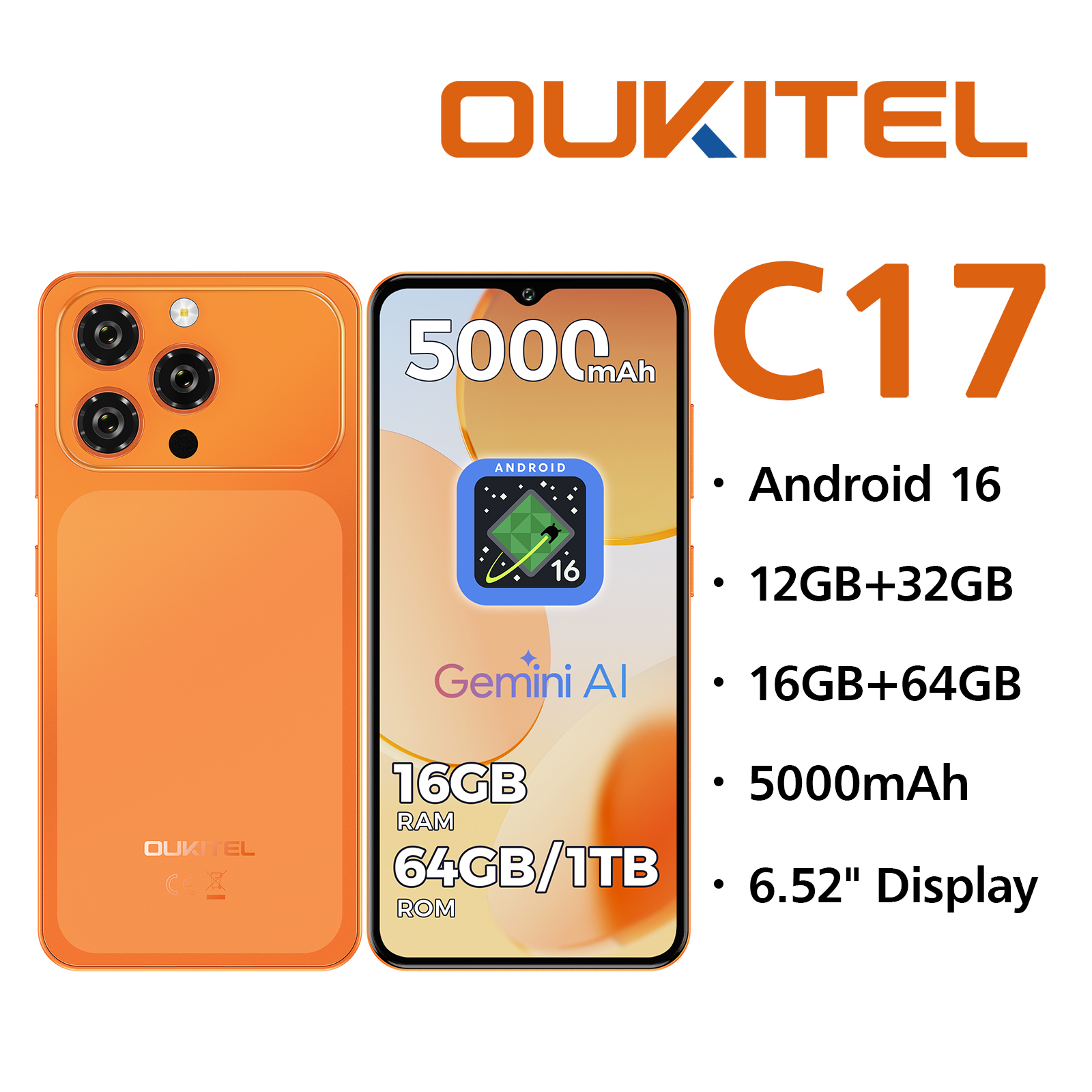 Teléfono Oukitel C17 naranja con batería de 5000mAh, 16GB RAM, 64GB/1TB.