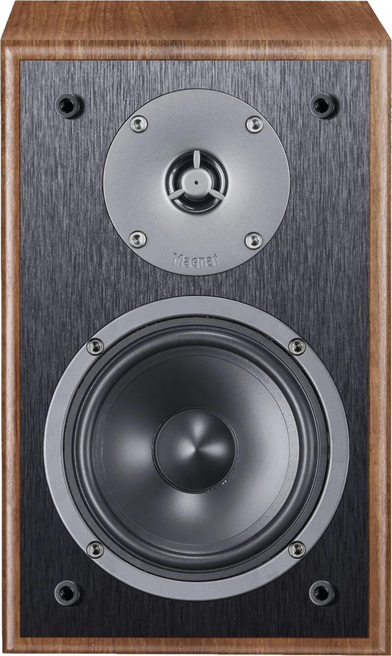 Altoparlante in legno con pannello frontale nero, tweeter e woofer argentati. Logo Magnat visibile.