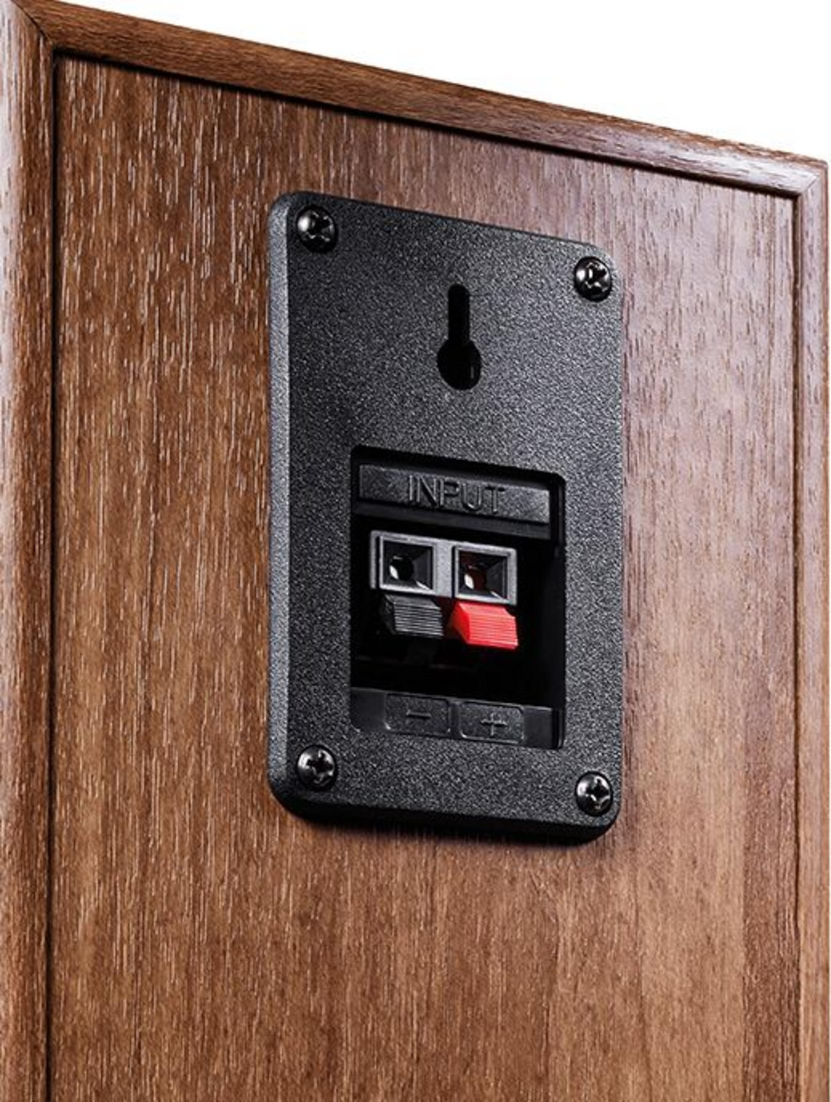 Retro di un cabinet in legno con morsetto di ingresso nero e levetta rossa.