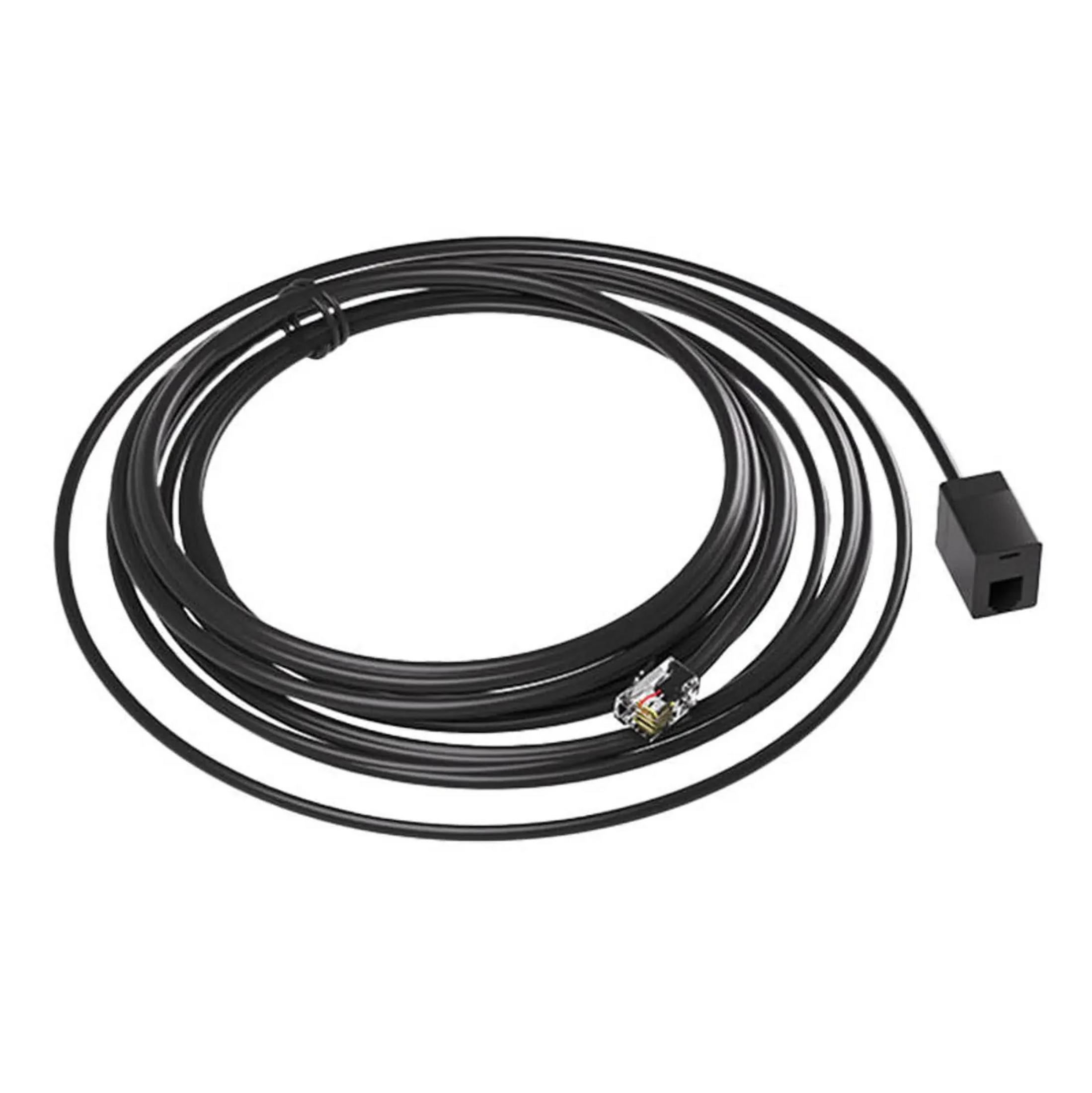 Cavo nero con connettore RJ11 e adattatore a presa, arrotolato.