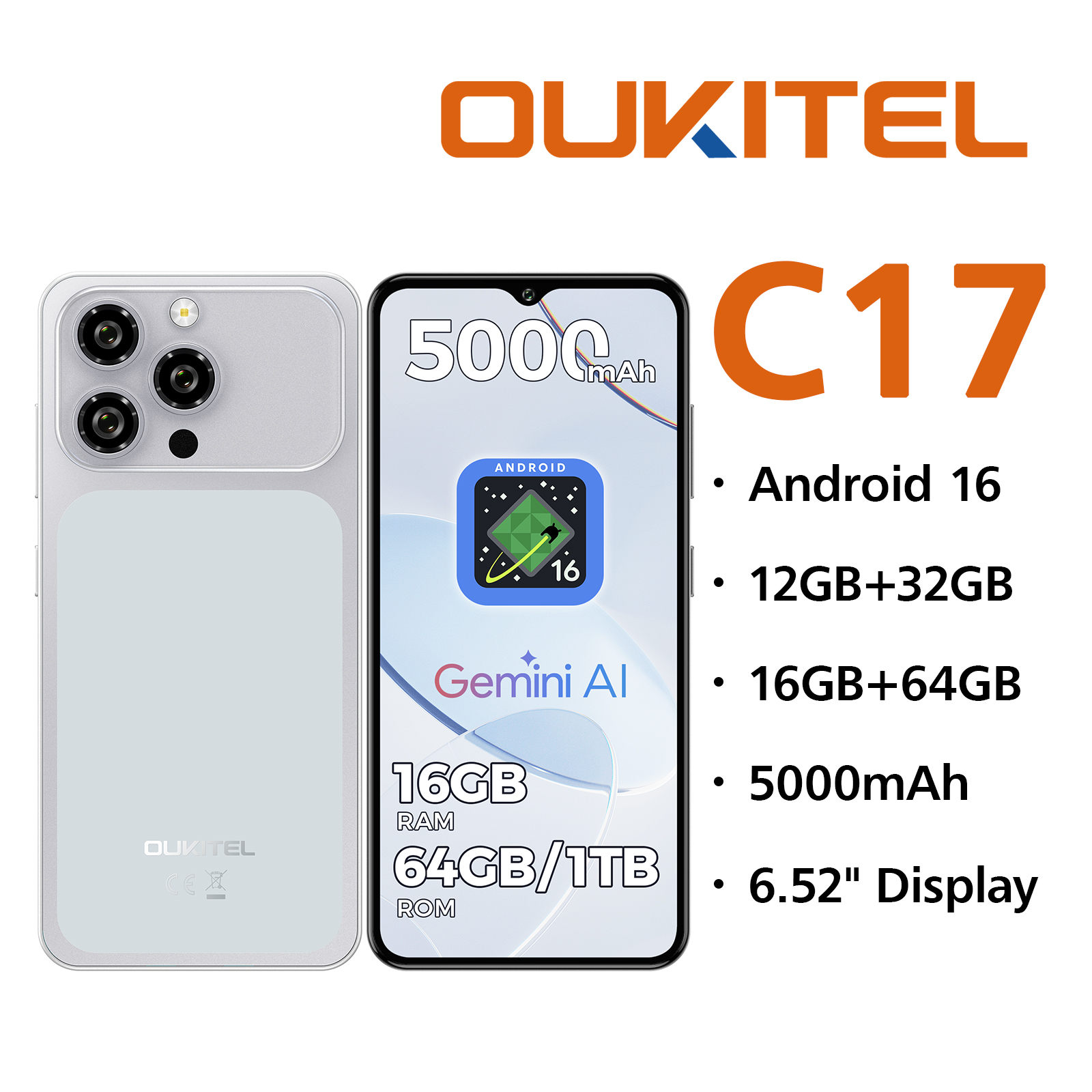 Smartphone plateado OUKITEL C17 con batería de 5000mAh, 16GB RAM, 64GB/1TB ROM.