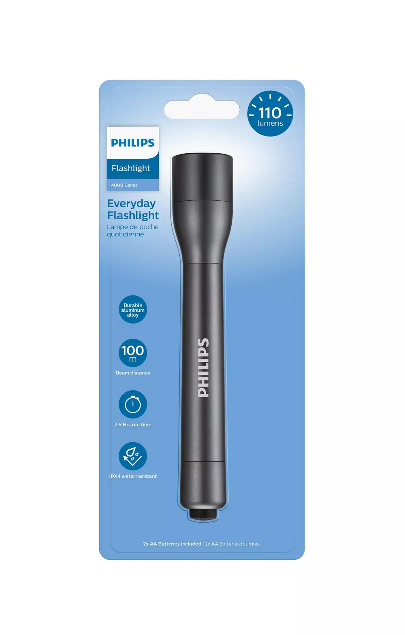 Una torcia Philips grigia da 110 lumen e 100m di distanza.