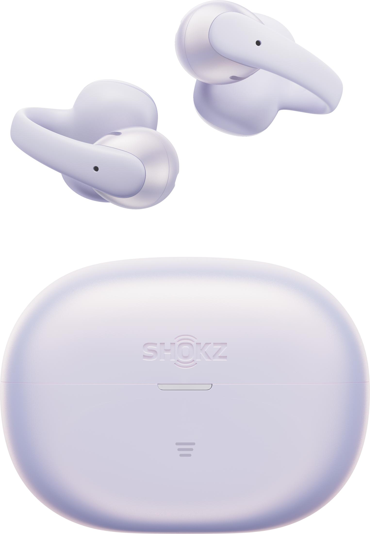 Auricolari e custodia di ricarica lavanda con logo SHOKZ.