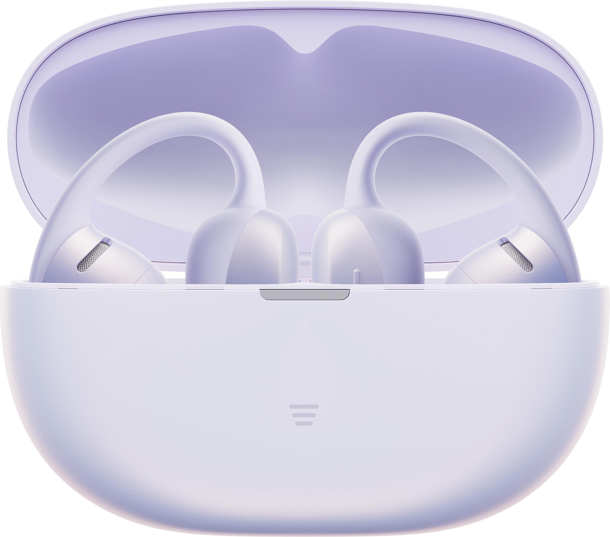 Auricolari wireless viola all'interno di una custodia di ricarica aperta.