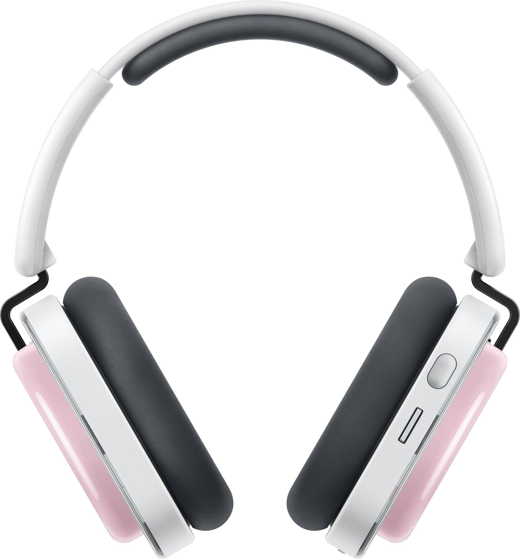 Auriculares con diadema blanca, almohadillas negras y detalles rosas.