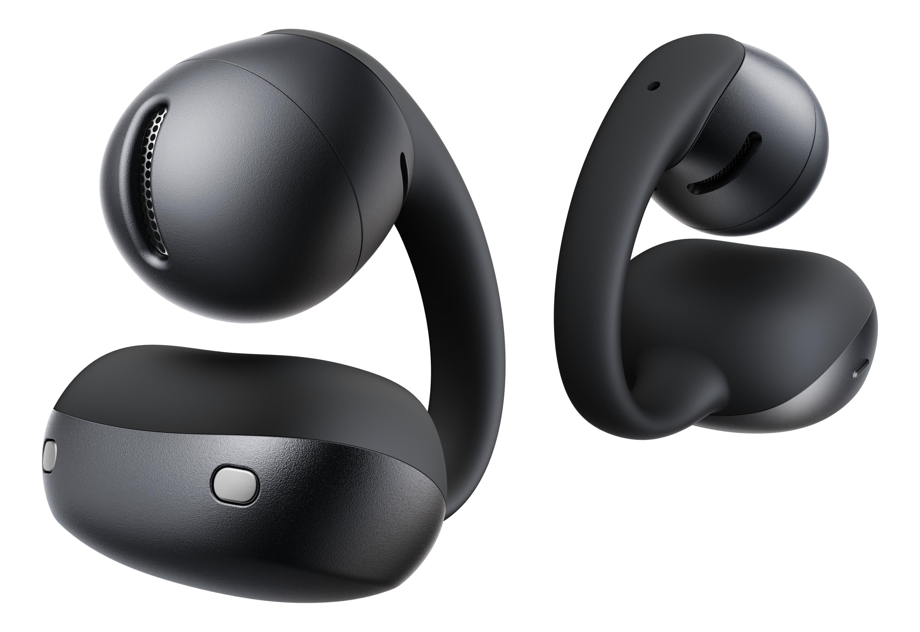 Due auricolari wireless neri con un design unico a gancio.