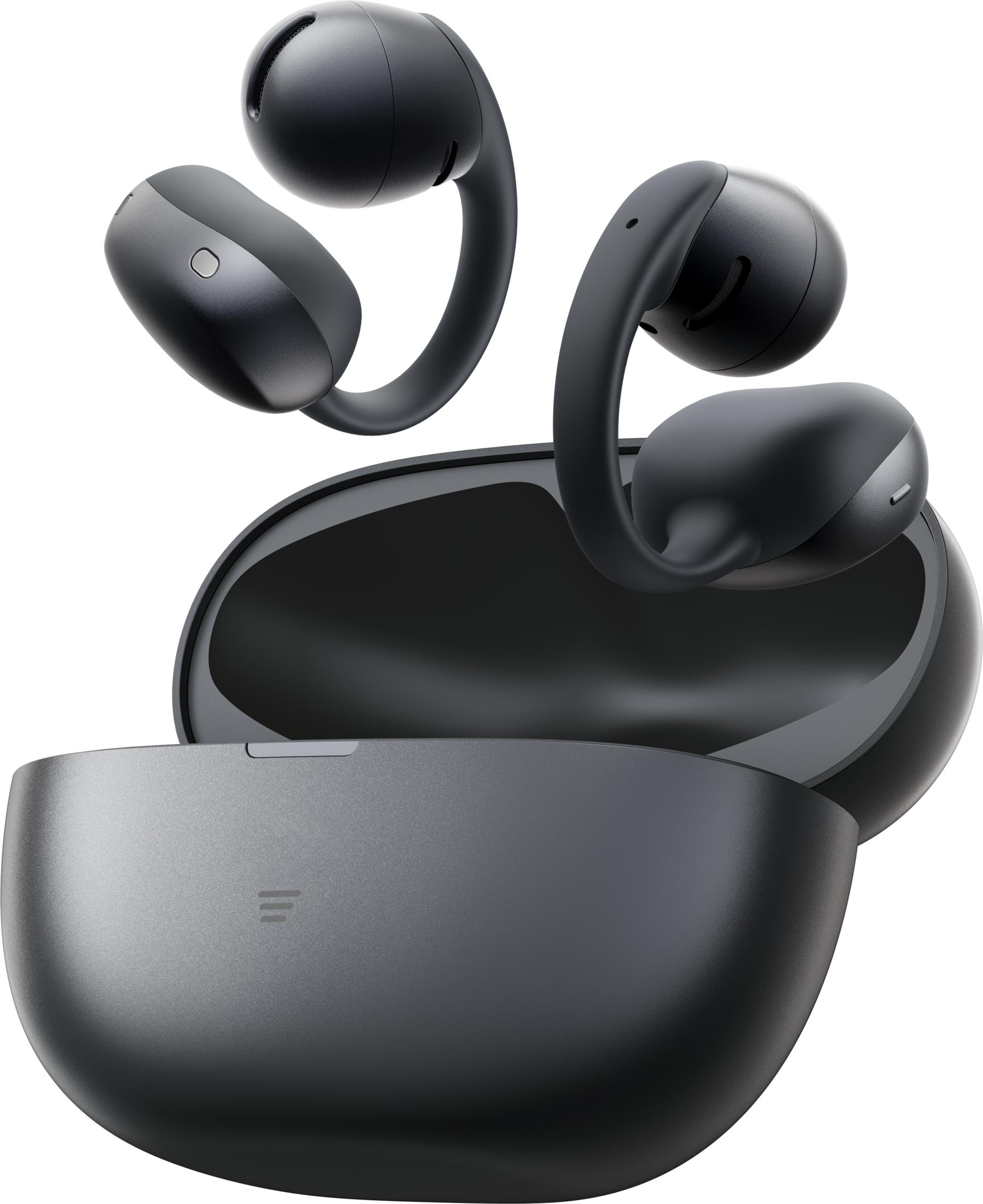 Auricolari wireless neri con custodia di ricarica su sfondo bianco.