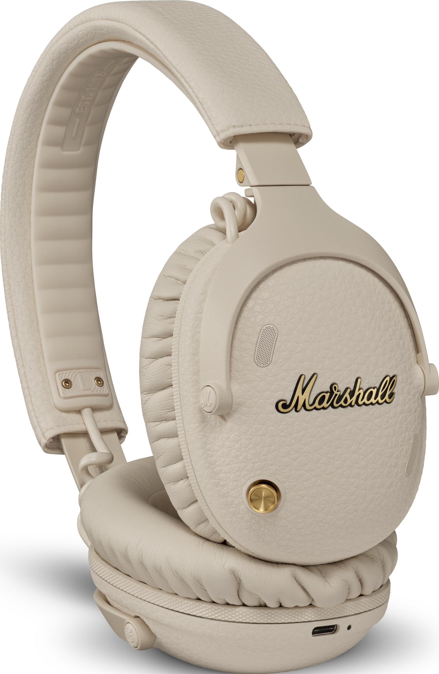 Cuffie Marshall beige con logo dorato e porta USB-C.
