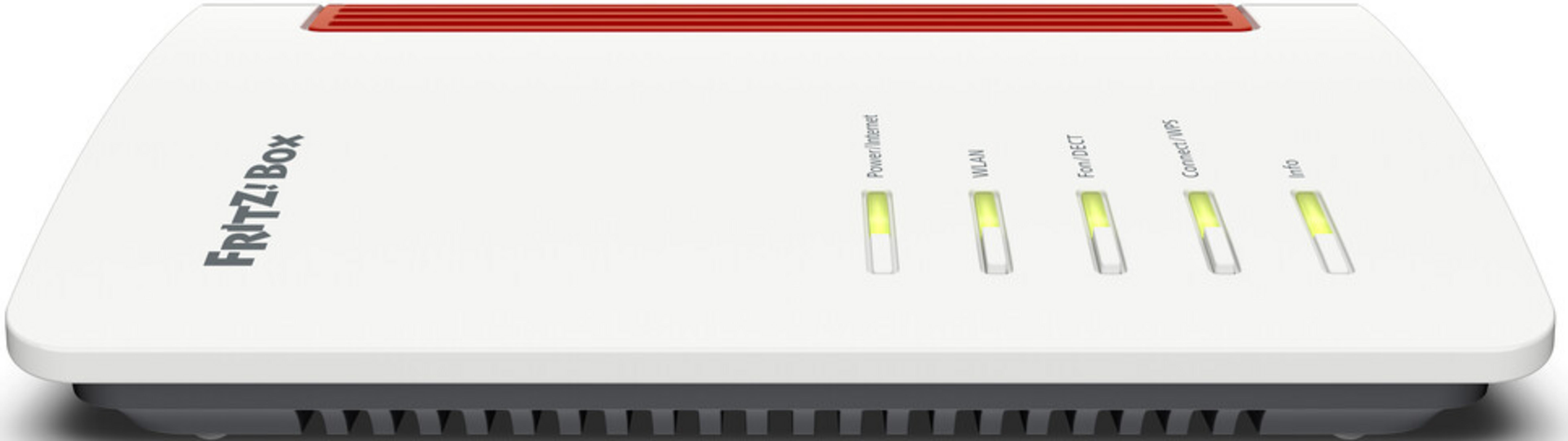 Ein weißer Fritz!Box Router mit roten Akzenten und leuchtenden Status-LEDs.