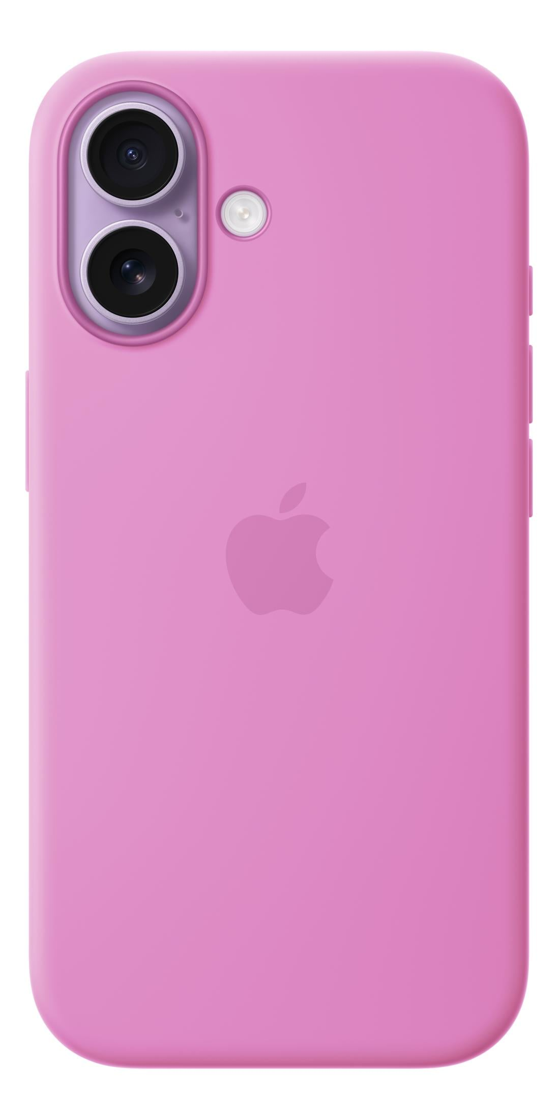 Rückseite eines pinkfarbenen iPhones mit Apple-Logo und zwei Kameras.