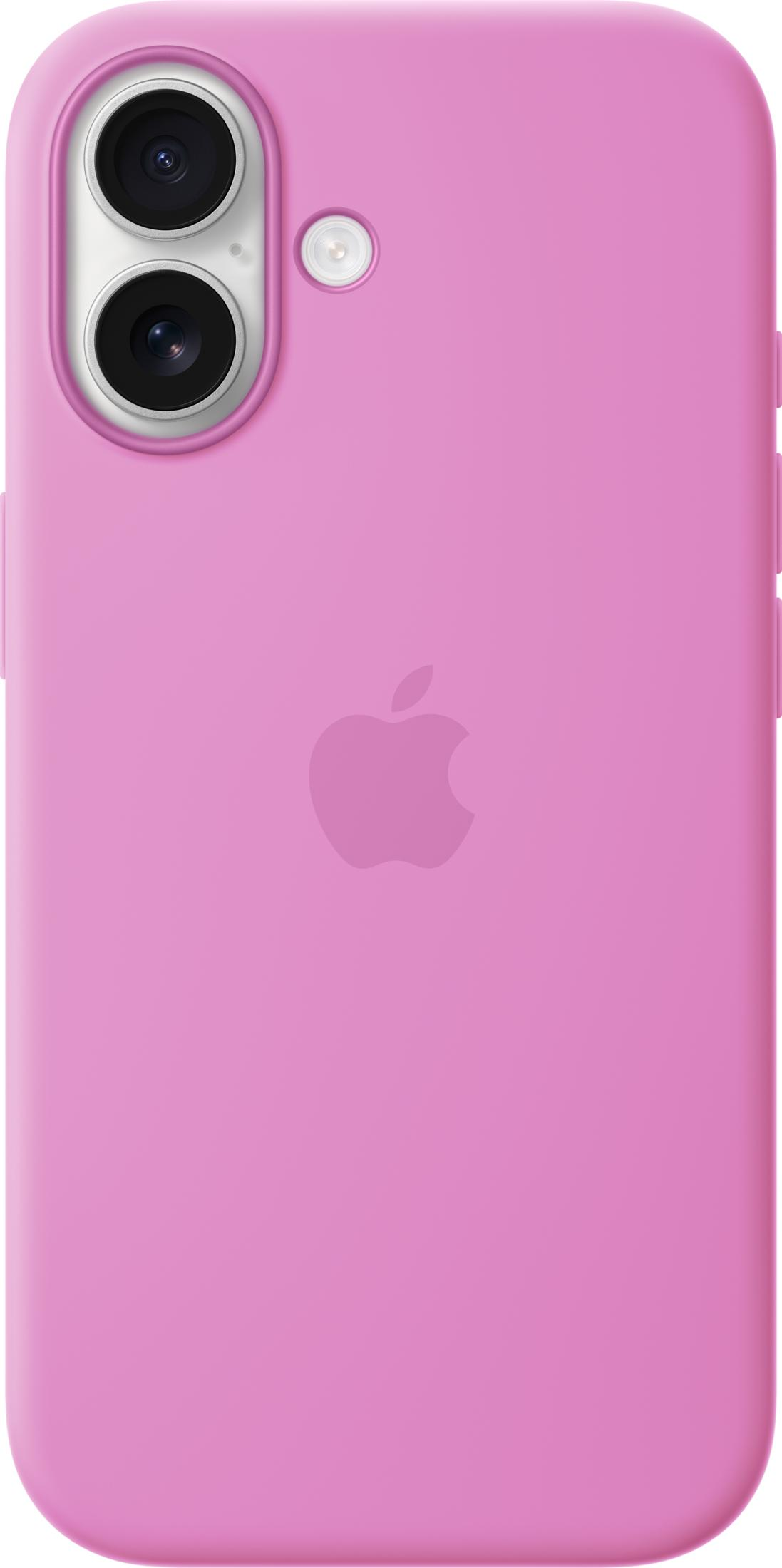Ein hellrosa iPhone-Hülle mit zwei Kameras und einem Apple-Logo.