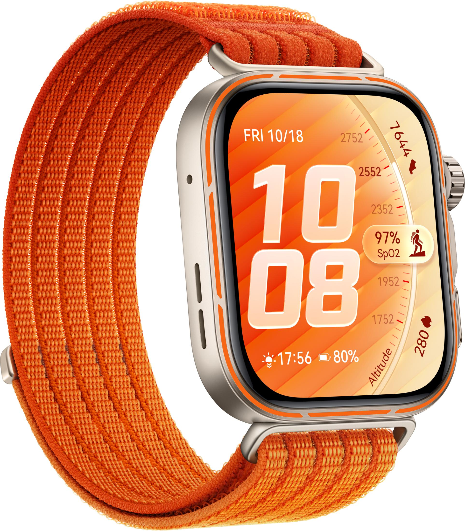 Un reloj inteligente naranja con carcasa plateada y pantalla digital.
