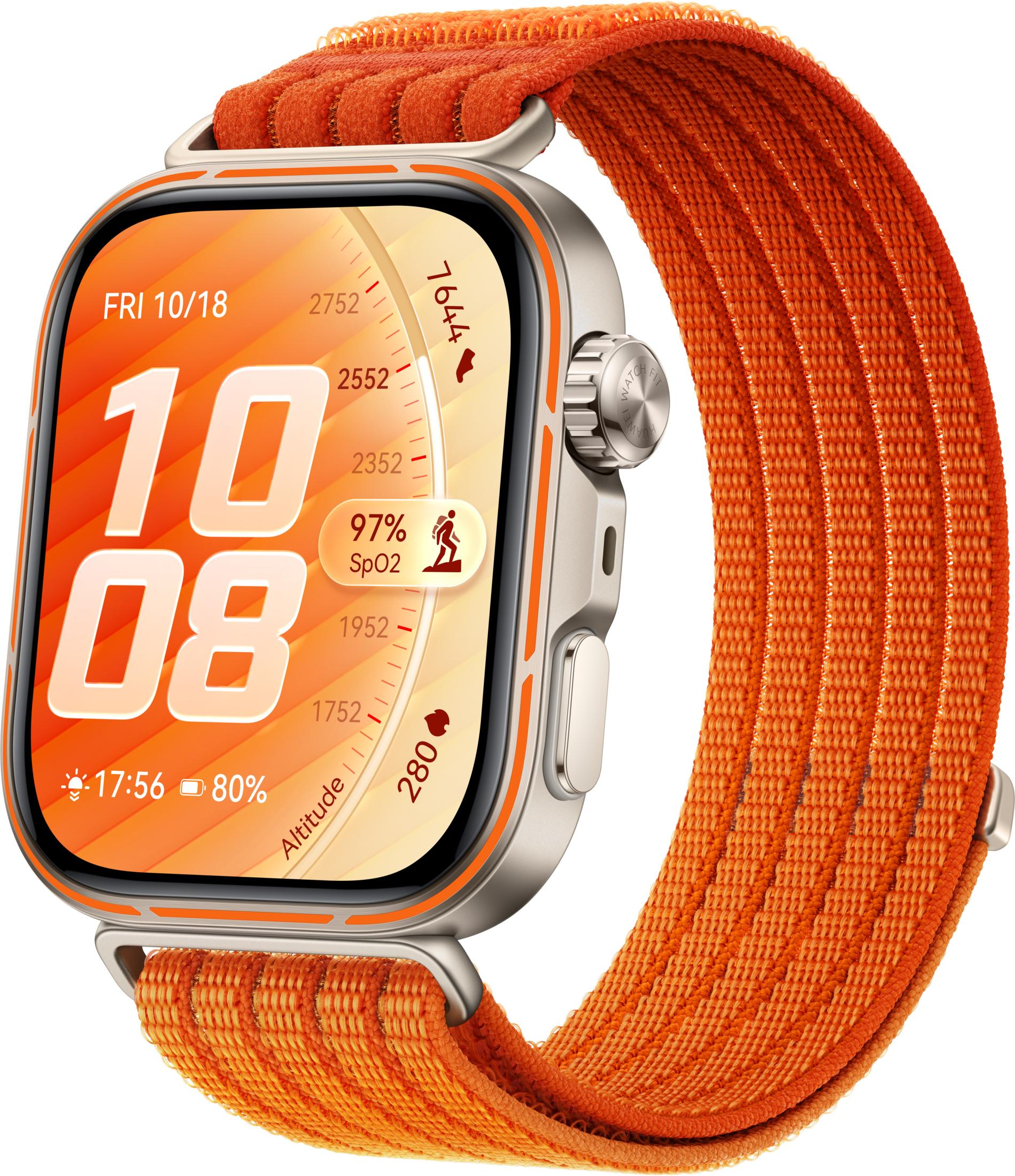 Reloj inteligente gris con correa naranja, muestra 10:08, 97% SpO2, altitud 280m.