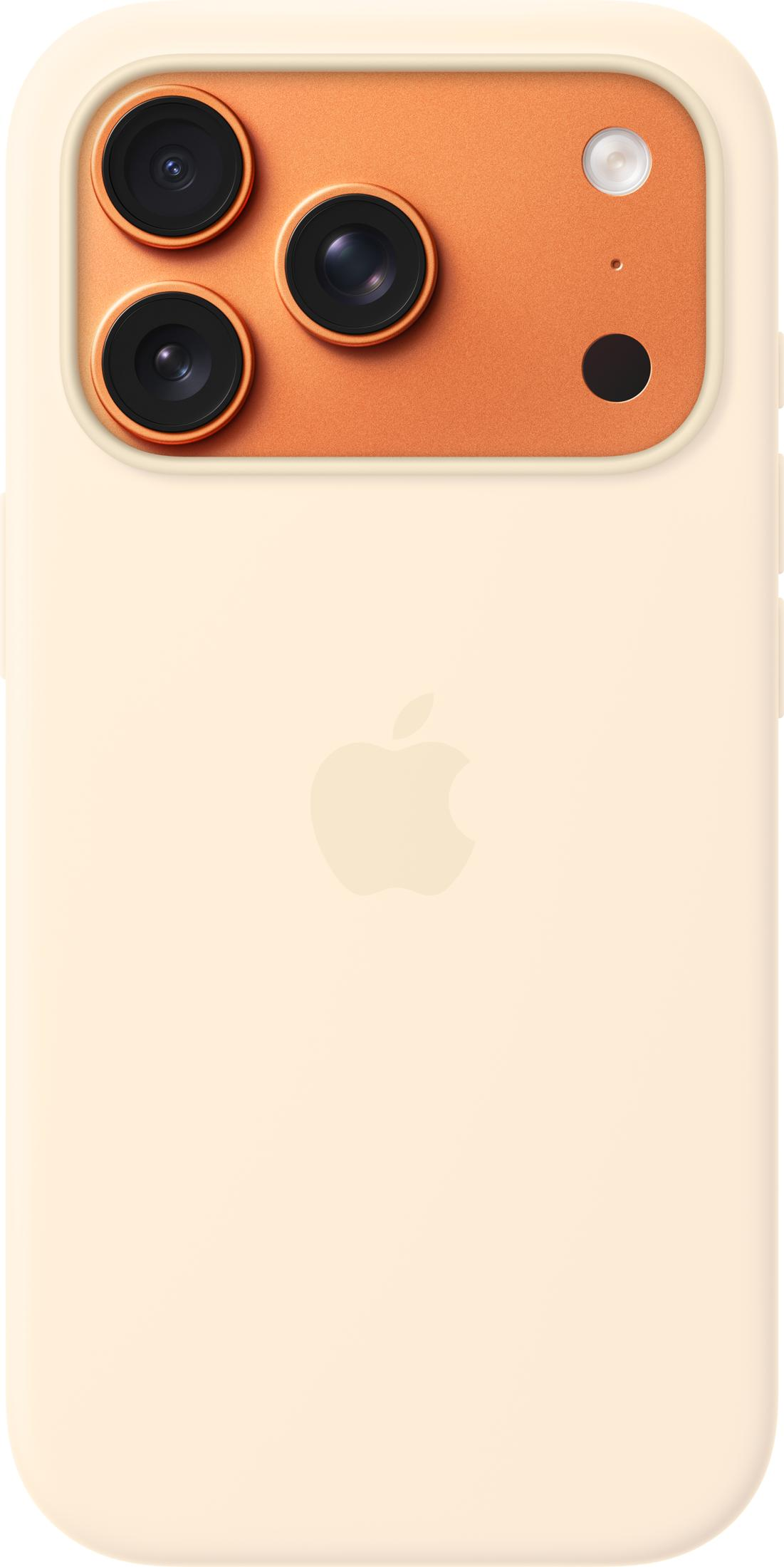 Ein hellbeigefarbenes Handy mit einem orangen Kameramodul und drei Linsen.