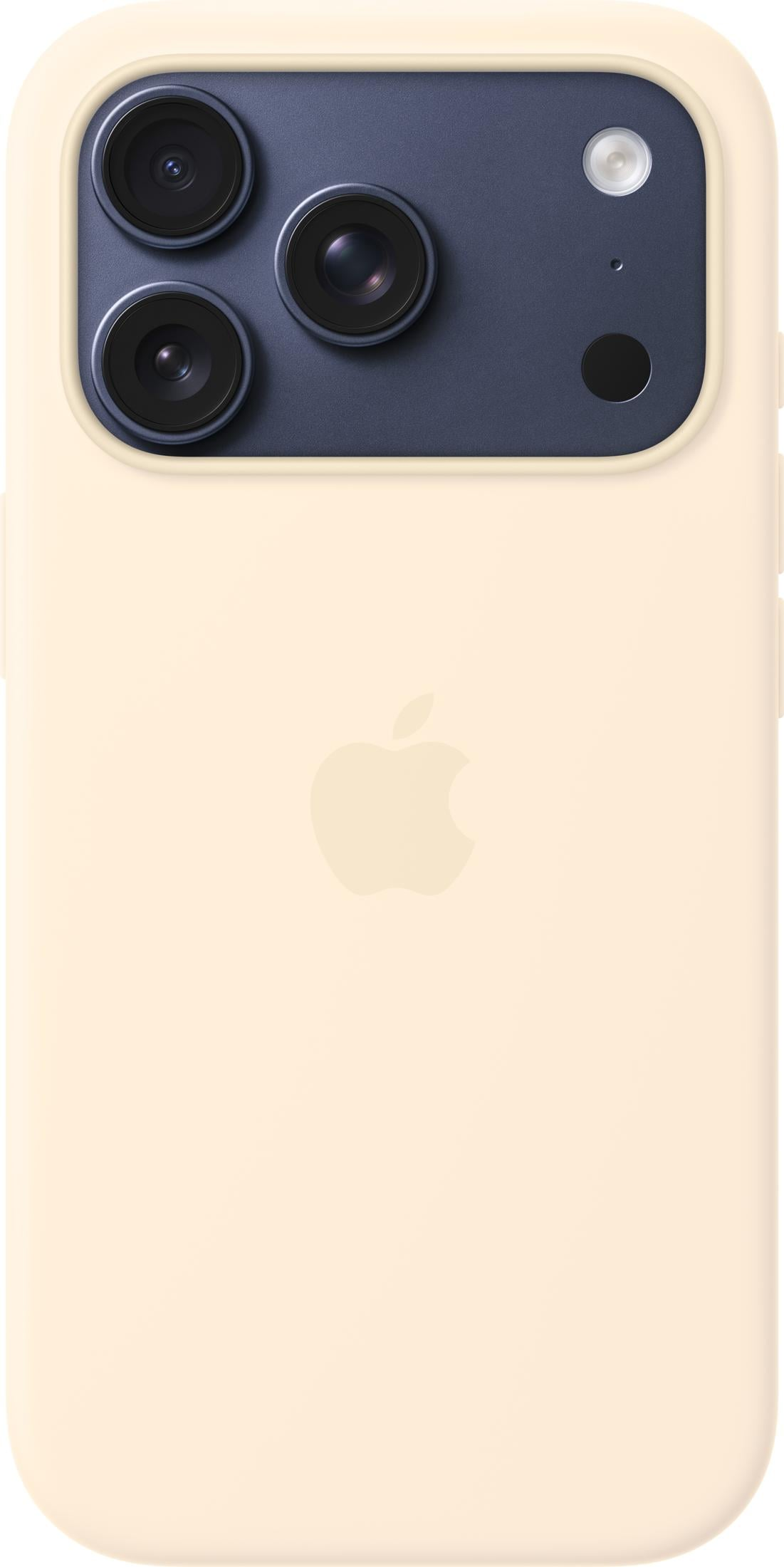 Ein hellbeiges iPhone-Case mit einem dunklen Kameramodul und drei Linsen.