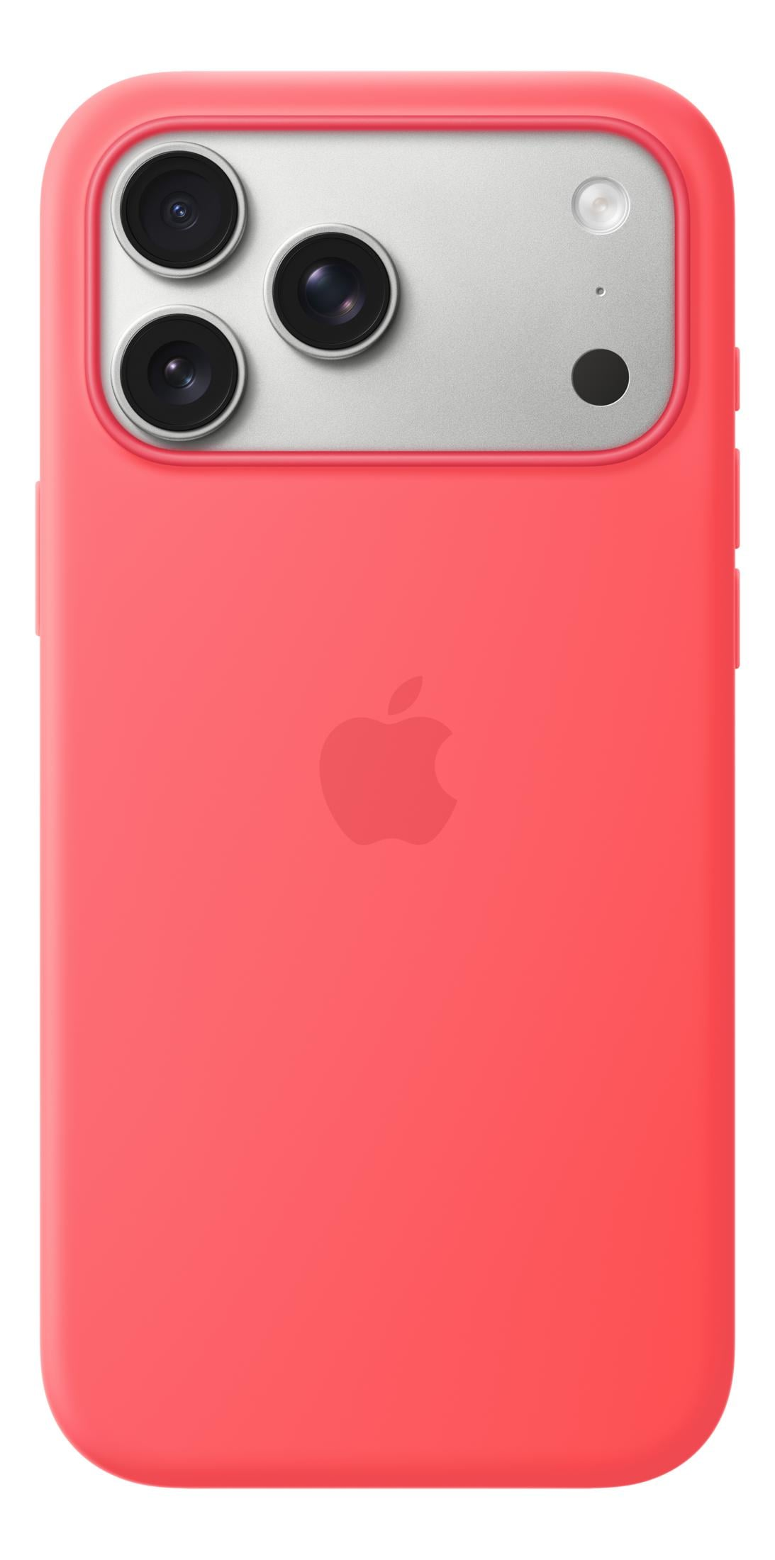 Ein Korallenrotes iPhone-Gehäuse mit einem dreifachen Kameralayout.
