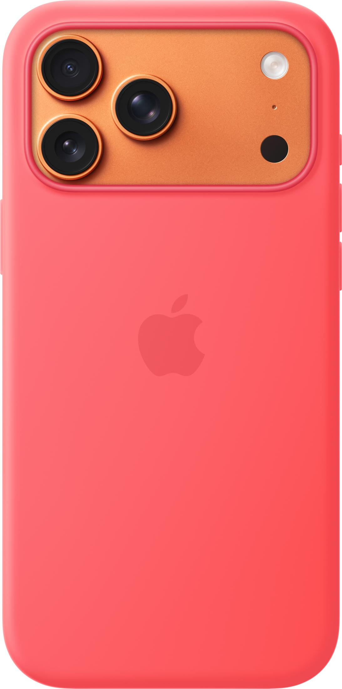 Ein Korallenfarbenes iPhone-Gehäuse mit drei Kameras und einem Apple-Logo.