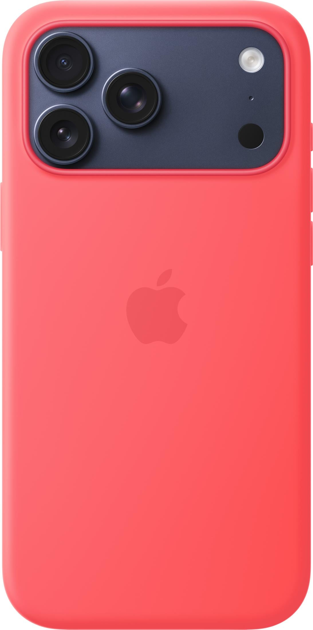 Rote Hülle mit Apple-Logo und drei Kameralinsen auf dunklem Hintergrund.