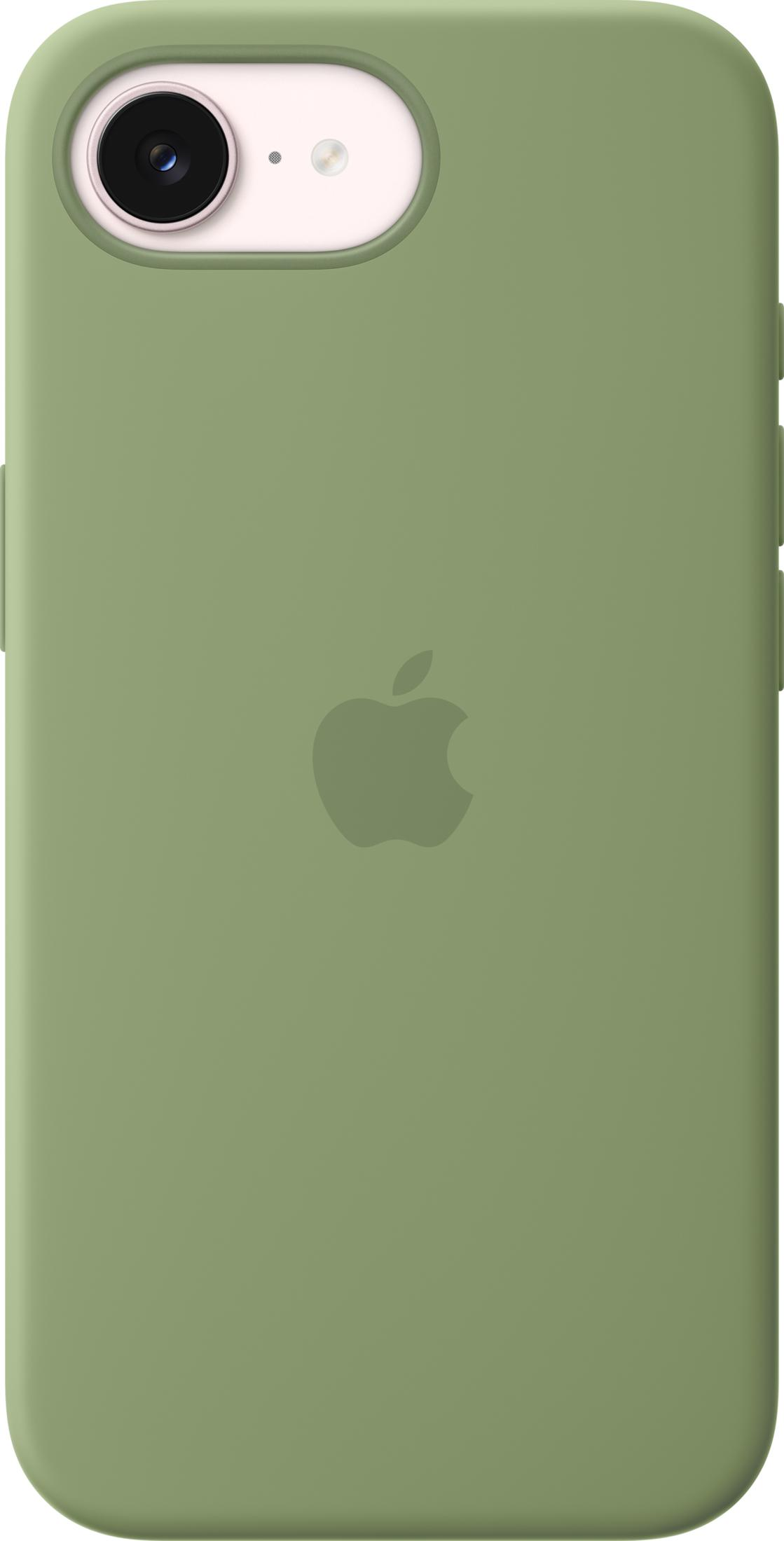 Funda verde para teléfono con logo de Apple y módulo de cámara.