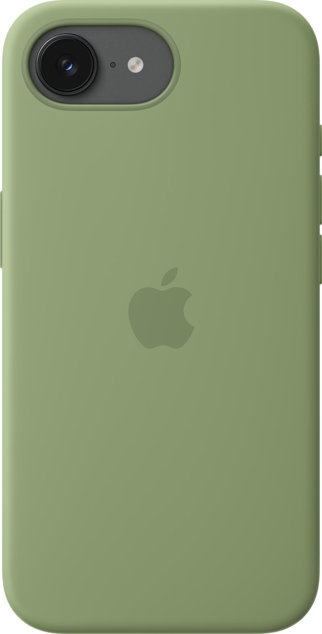 Funda de teléfono verde con logo de Apple y recorte de cámara arriba a la izq.