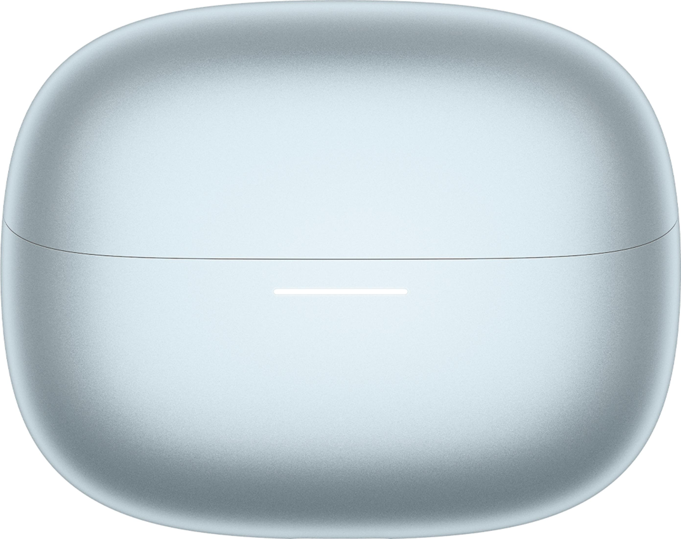 A light blue, oval charging case for wireless earbuds with a thin light strip.