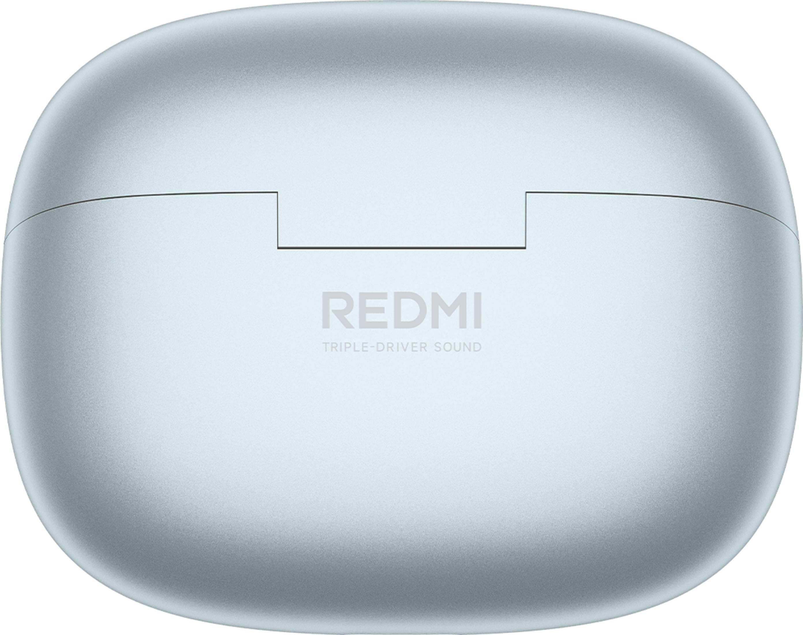 A light blue charging case with REDMI TRIPLE-DRIVER SOUND text.