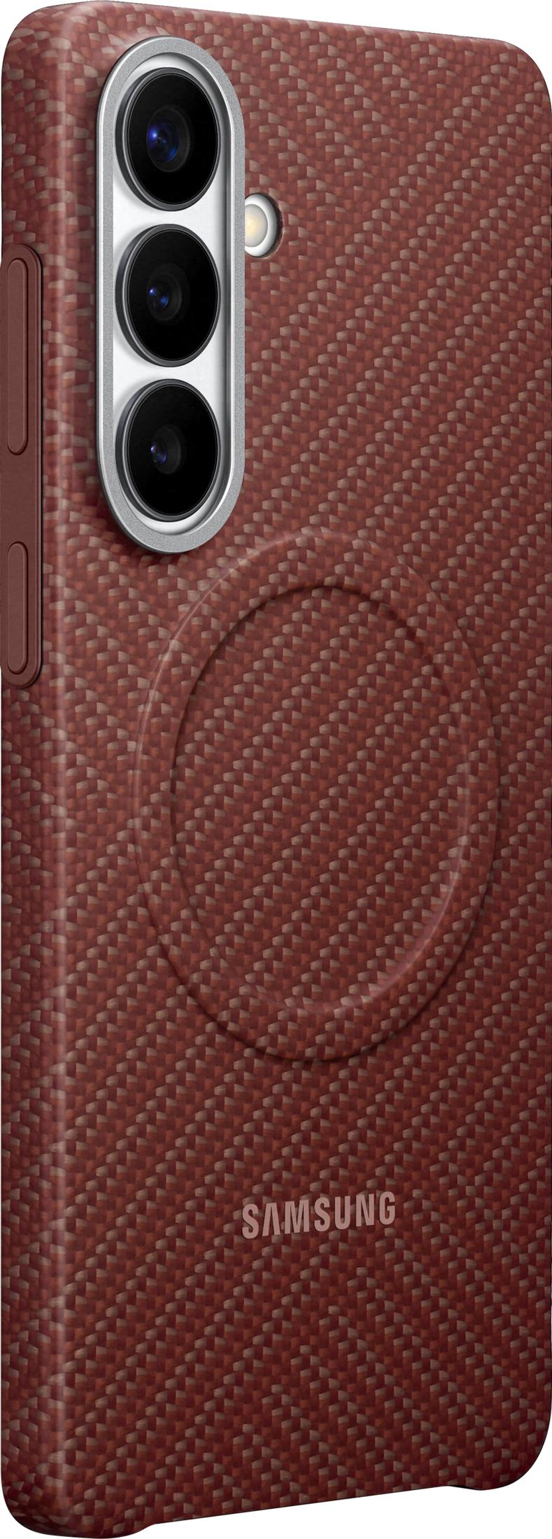 Rote Handyhülle mit Kamerasystem und Samsung-Logo.