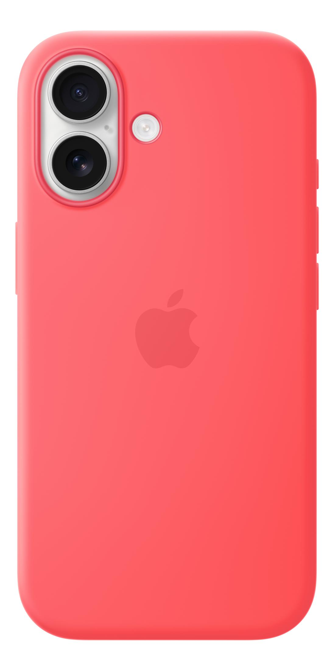 Rote Handyhülle mit zwei Kameras und einem Apfel-Logo.