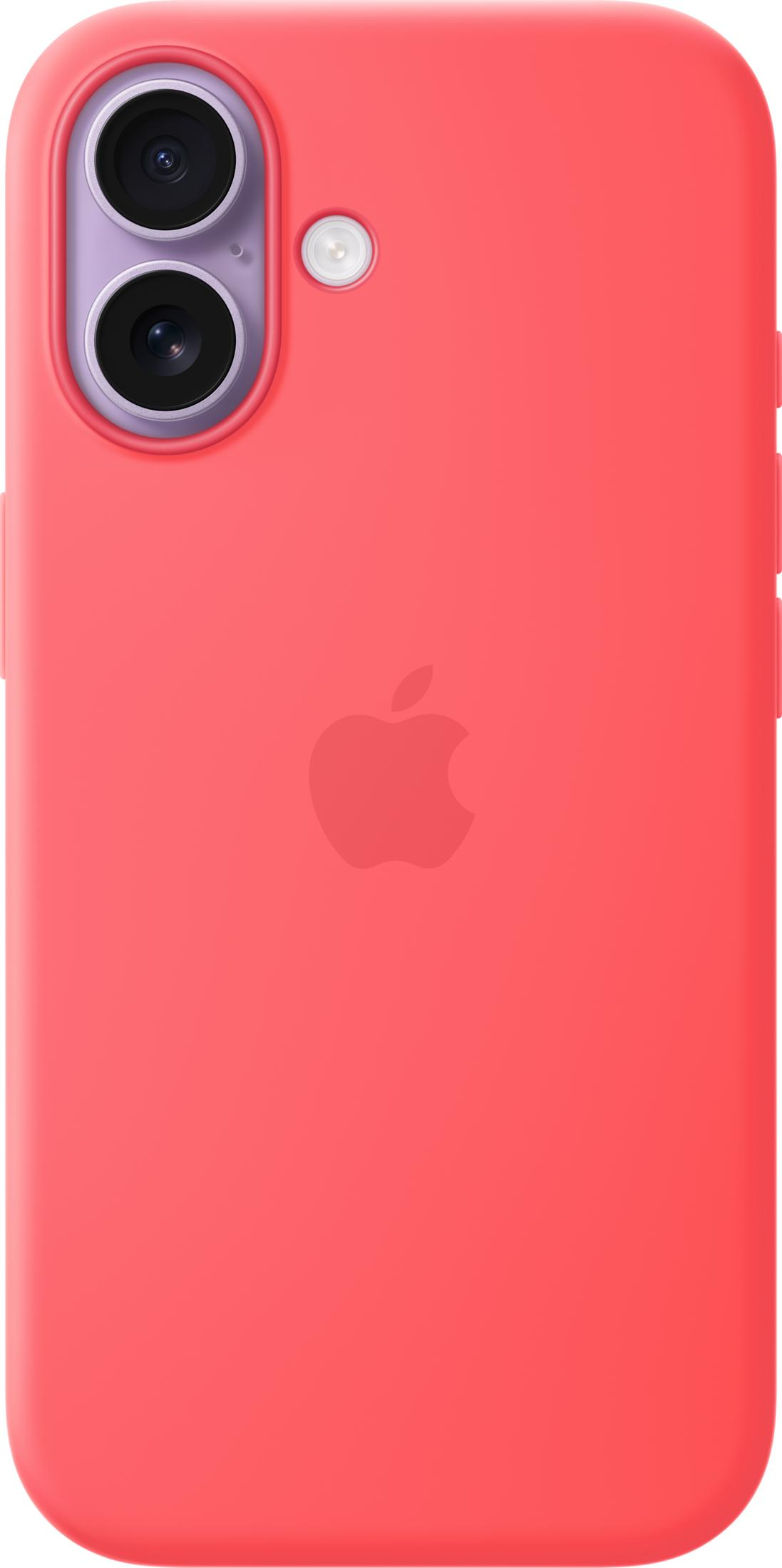 Ein korallenrotes Handycover mit doppeltem Kameraausschnitt und Apple-Logo.