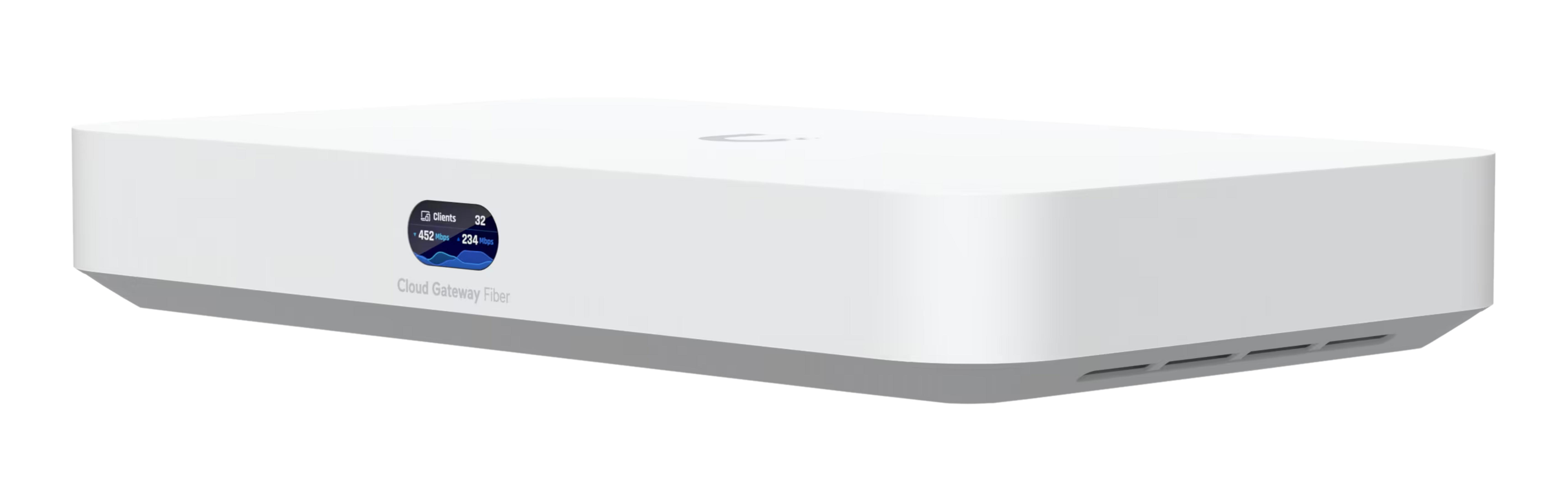 Białe urządzenie Cloud Gateway Fiber z małym ekranem pokazującym 32 klientów i prędkości sieci.