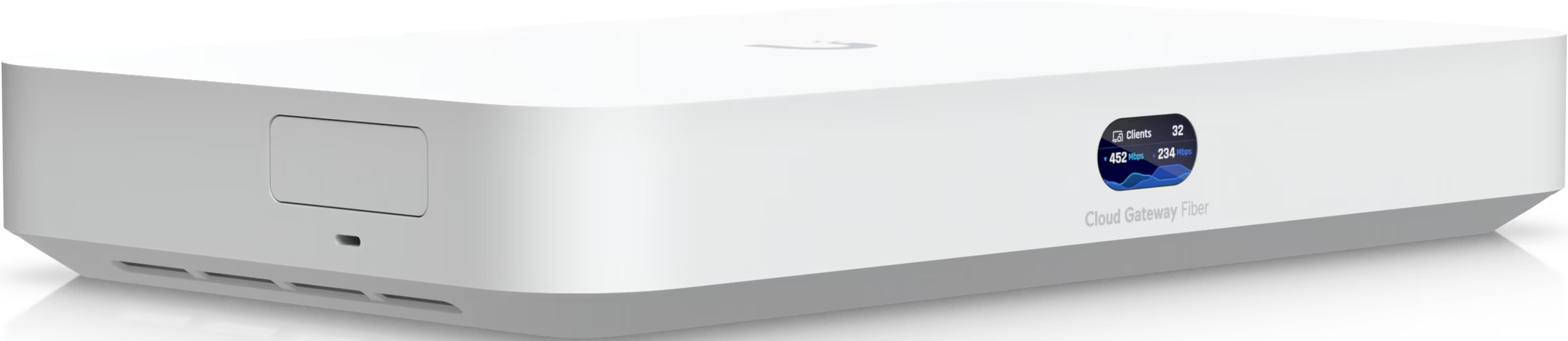 Białe prostokątne urządzenie Cloud Gateway Fiber z małym ekranem pokazującym statystyki sieci.