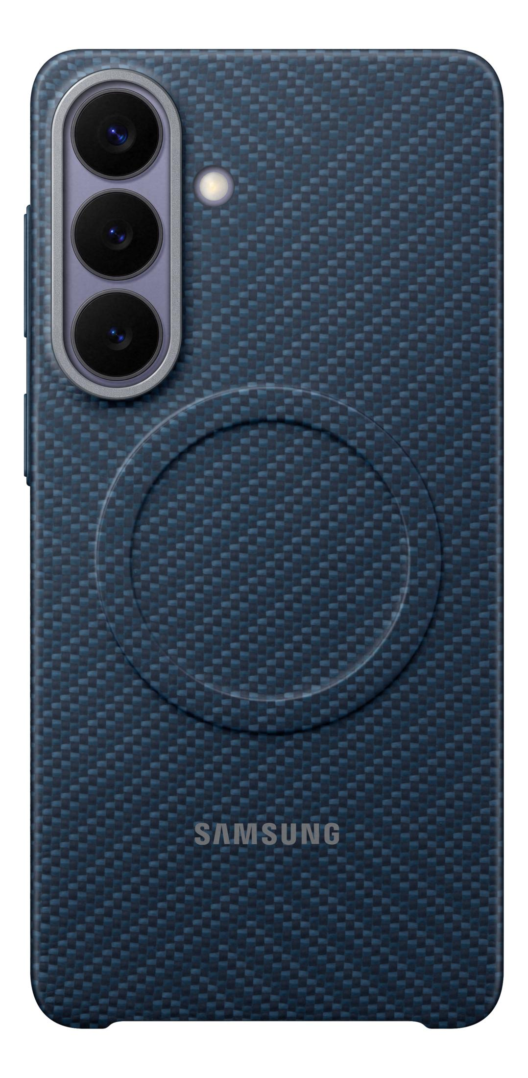 Dunkelblaue Handyhülle mit Karbonfasermuster, Kamera und Samsung-Logo.