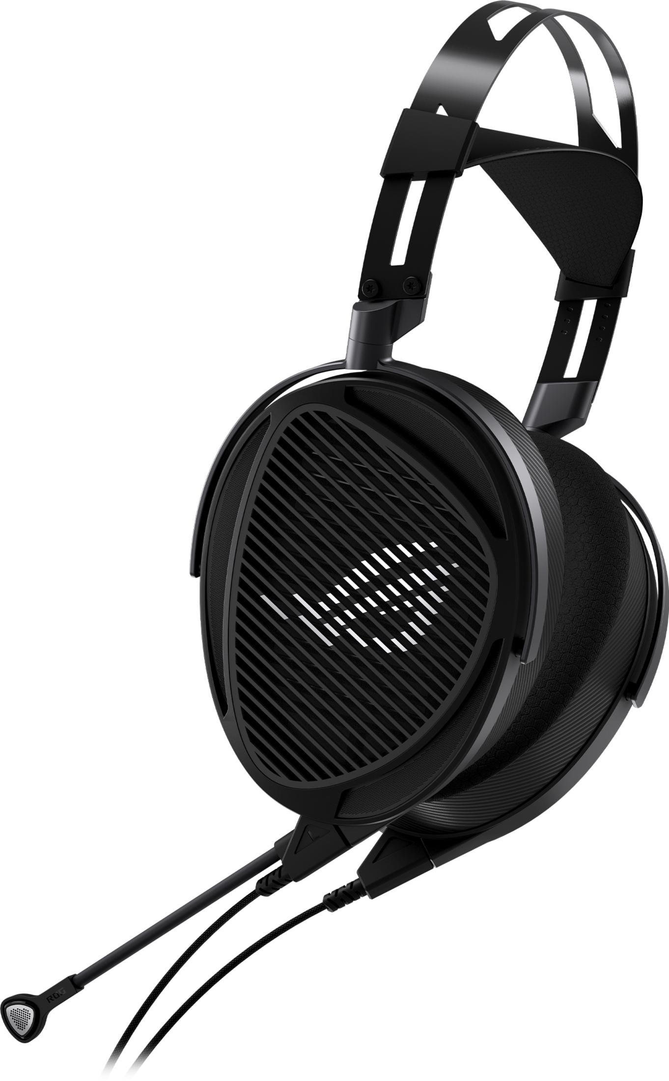 Schwarzer Over-Ear-Kopfhörer mit Mikrofon und gerillten Ohrschalen.