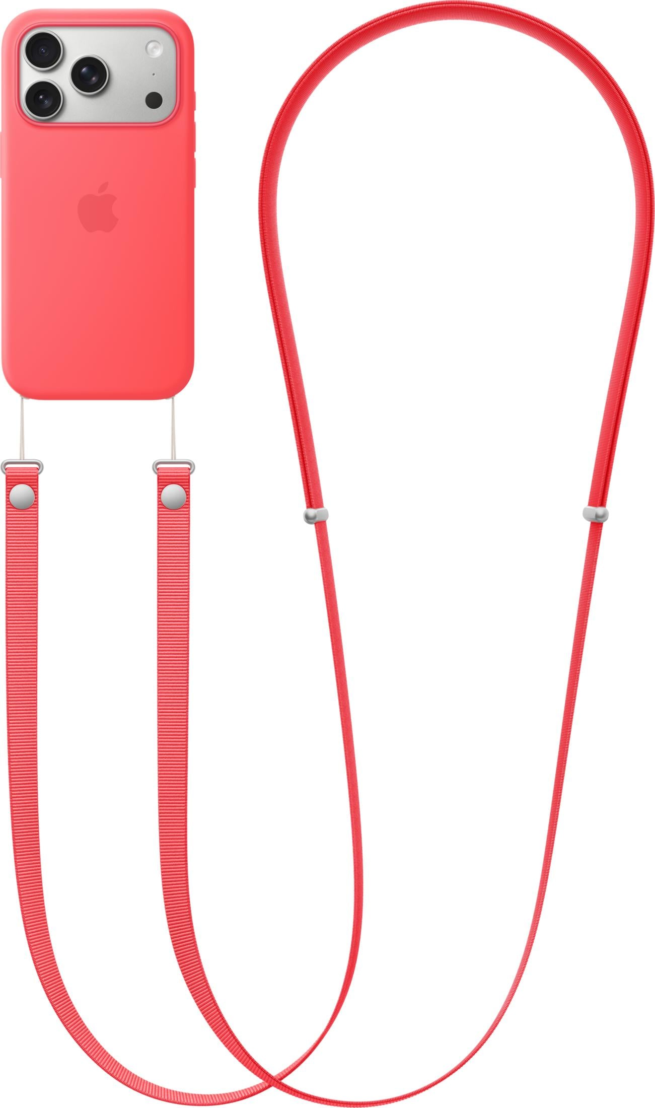 Ein rotes iPhone-Case mit Kameras und einem roten Band, das daran befestigt ist.
