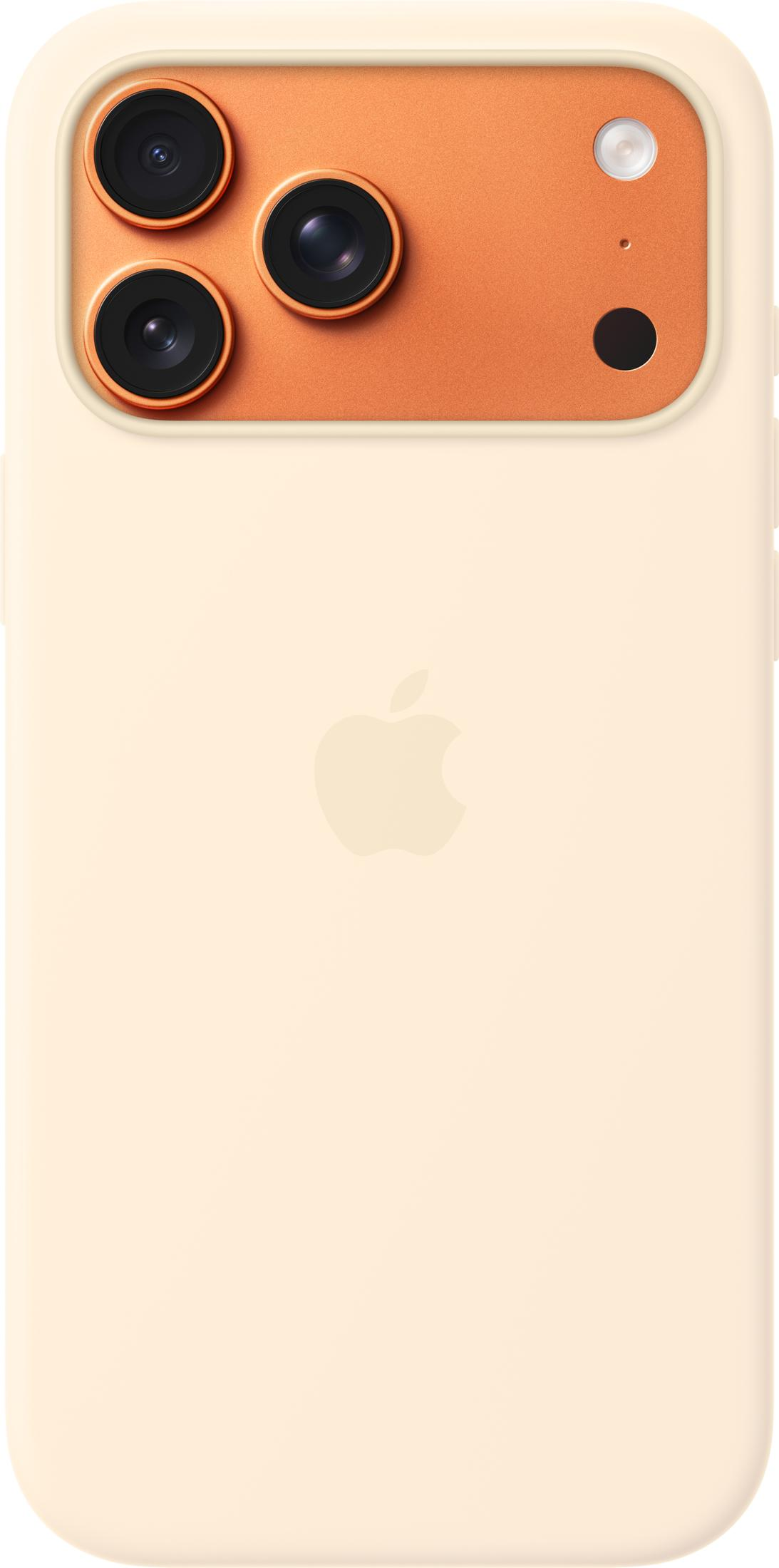 Ein cremefarbenes iPhone mit einem orangefarbenen Kameramodul und drei Linsen.