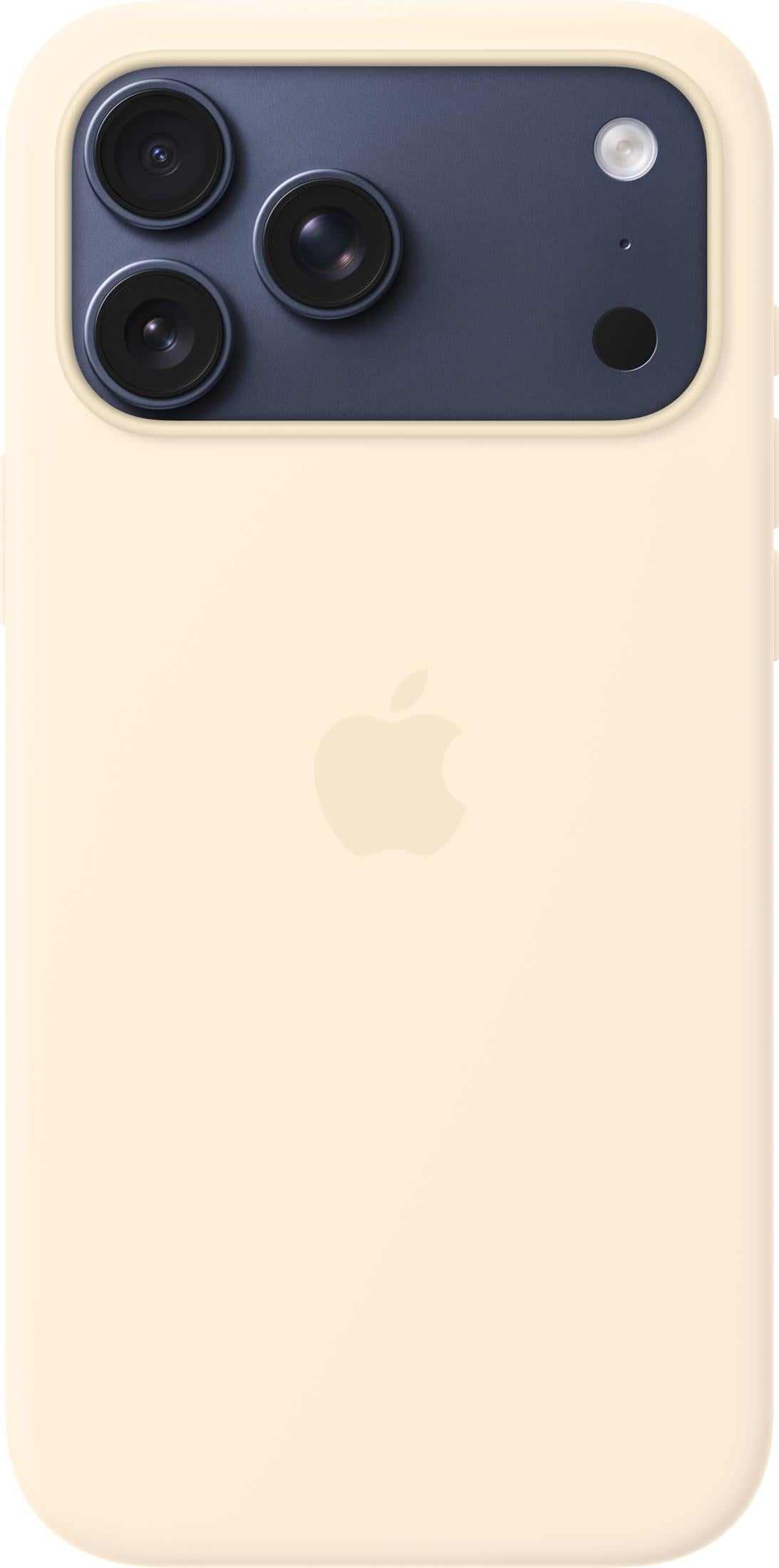 Ein hellbeiges Handy mit dreifacher Kamera und Apple-Logo.