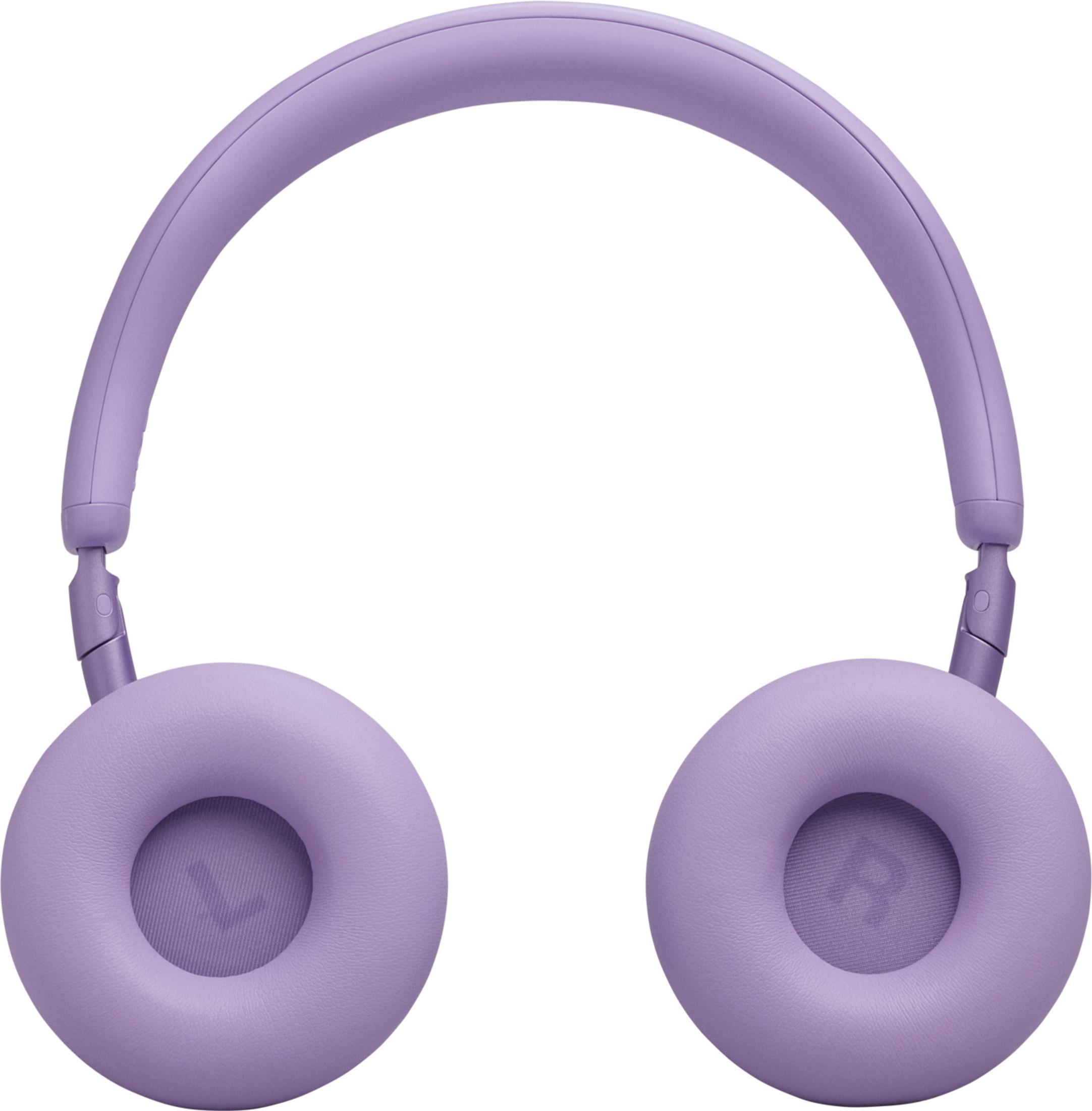 Un par de auriculares lavanda con diadema curvada y copas redondas. Un logo es visible en la malla de la copa.