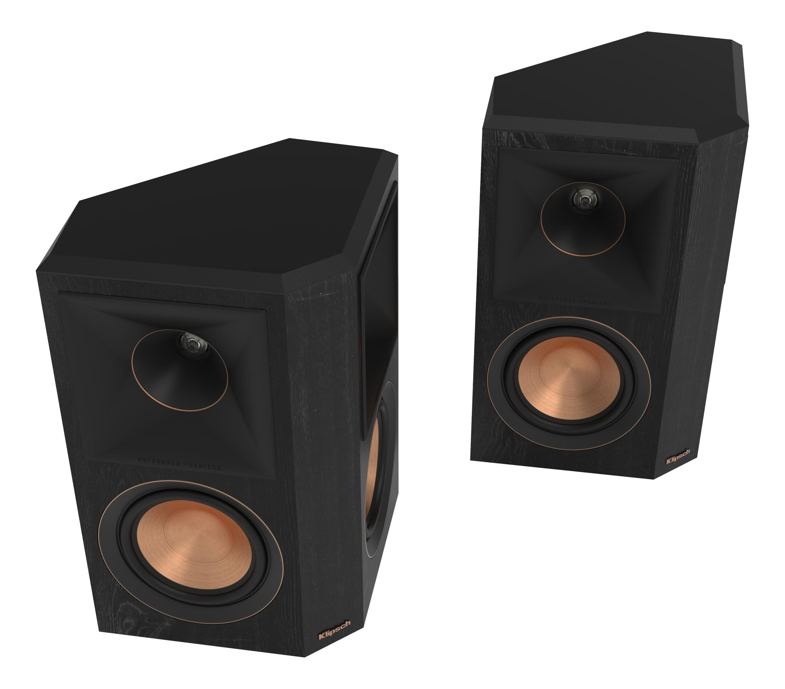 Due altoparlanti neri con woofer in rame e tweeter a tromba.