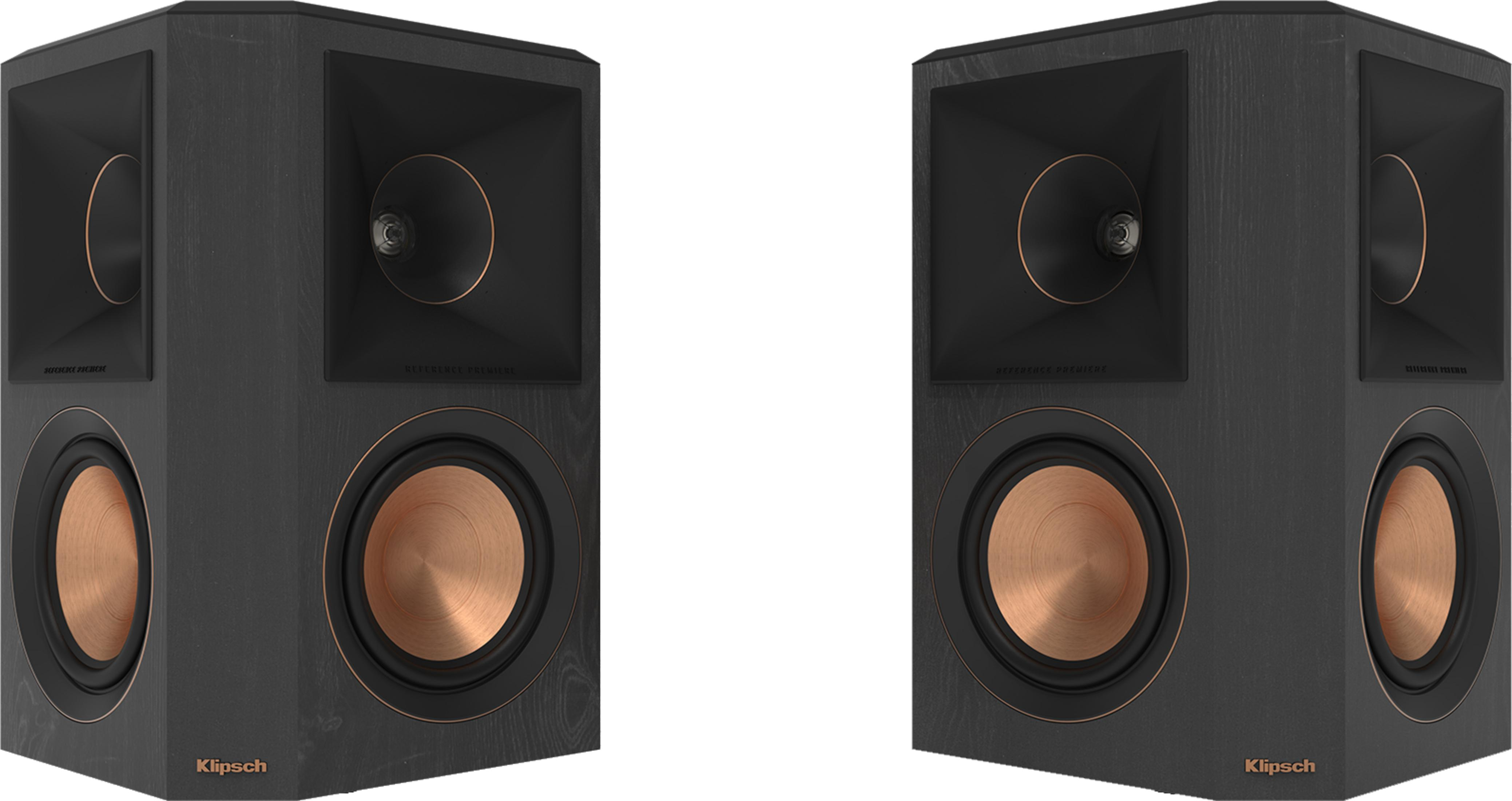 Due altoparlanti Klipsch neri con woofer in rame e tweeter a tromba.