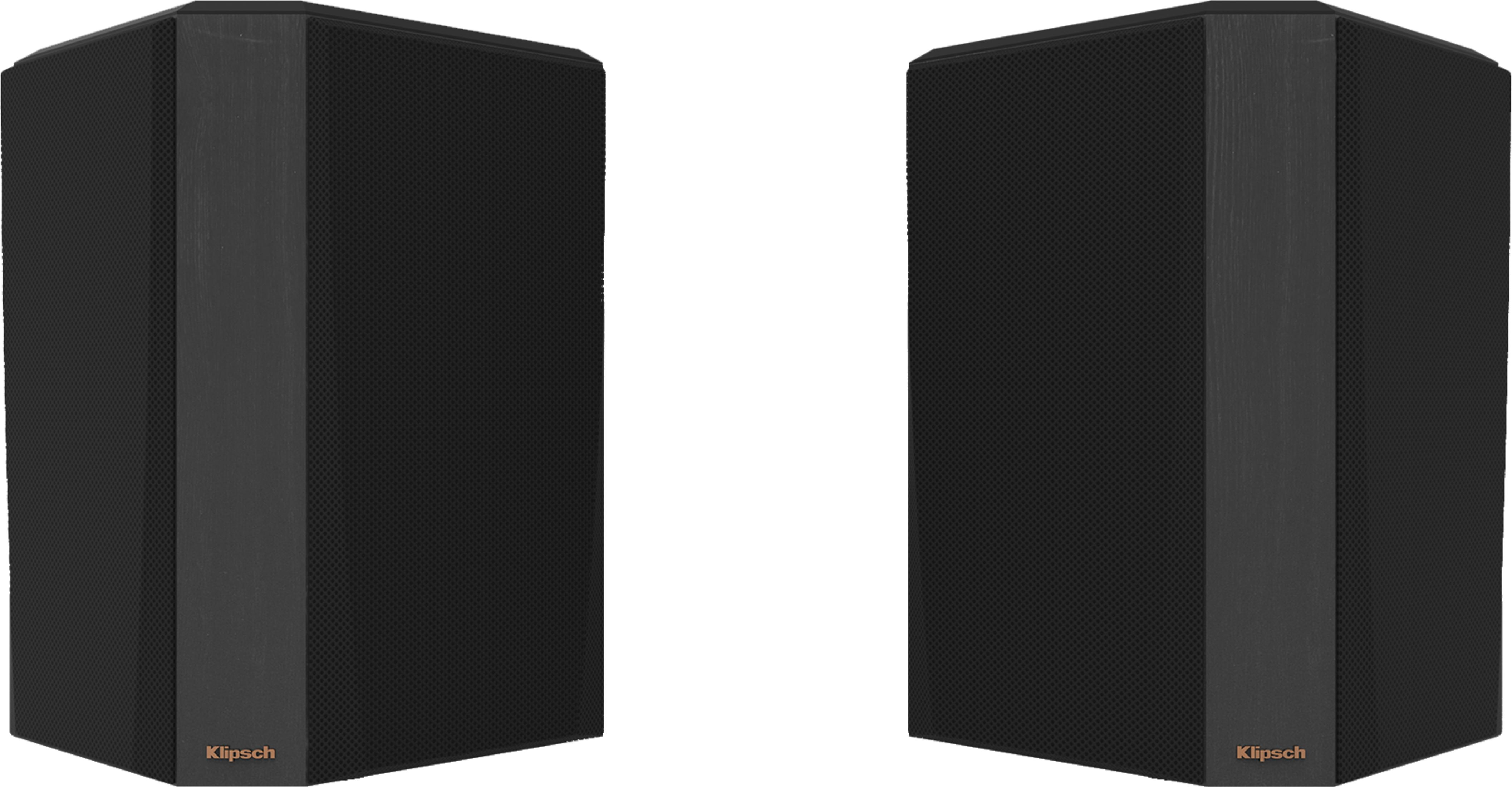 Due altoparlanti Klipsch neri uno accanto all'altro su sfondo bianco.